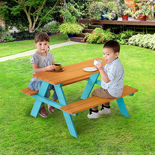 Teamson-Kids-Wooden-Outdoor-Child-Children-Kids-Picnic-Table-Chair-Bench-Set-BrownAqua Teamson Kids Wooden Outdoor Child Children Kids Picnic Table Chair Bench Set BrownAqua