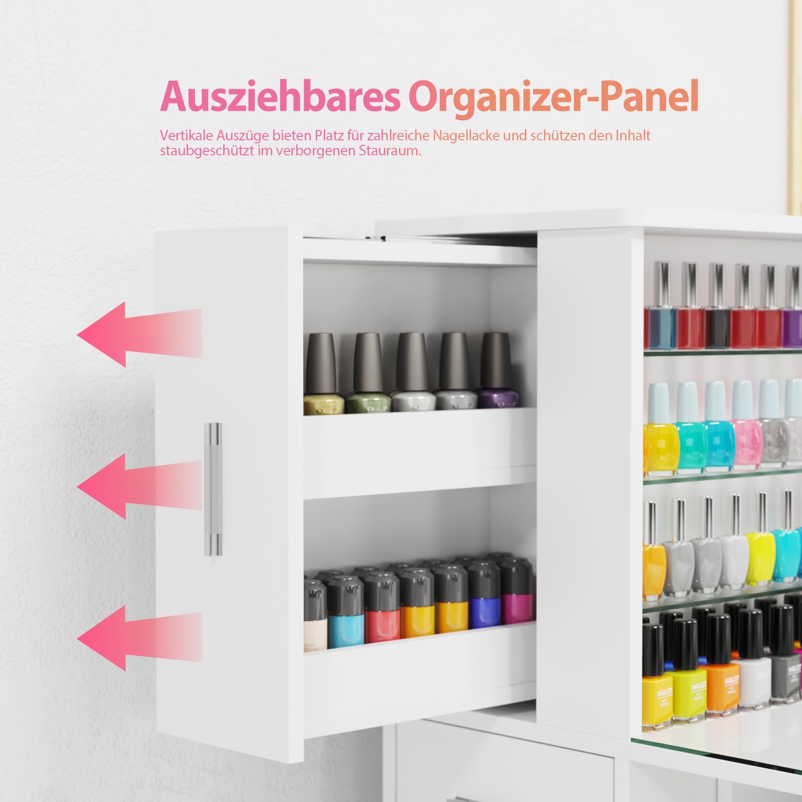 Nageltisch mit Staubabsaugung und Glasplatte, Manikürtisch mit 3 Schubladen, 3 Schränken, 4-Stufigem Glasdisplay, Handauflage und Staubsaugerbeuteln, Profi Nagelstudio Tisch für Maniküre, Weiß