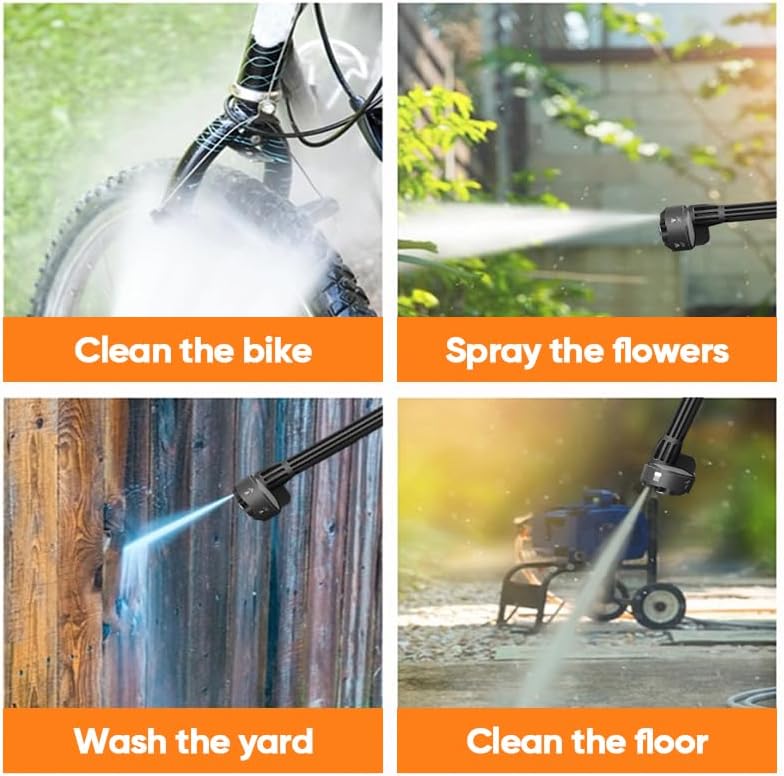 Four panels showing different cleaning tasks: bike, flowers, yard, floor