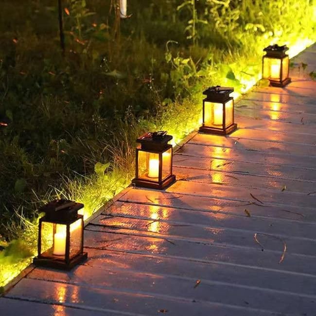 Solar Lights Outdoor Hanging Lanterns, Candle Flickering Flame Effect LED, Warm White, Decorative Lighting with Stakes for Patio, Garden, Lawn, Deck, Tent, Tree, Yard - Waterproof