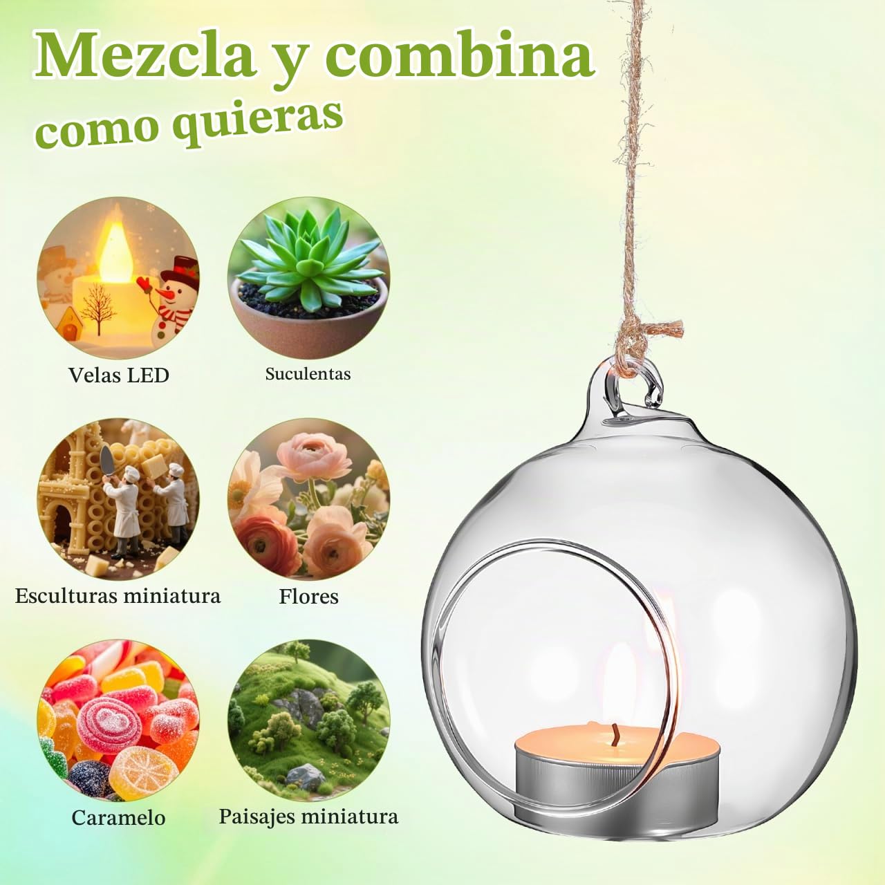 Amosfun Portavelas Colgantes De Cristal Terrario De Bolas EsféRicas DIY Soporte para Luz Led De Té JarróN Colgante para Plantas De Aire 5 Piezas con Cuerda De CáñAmo