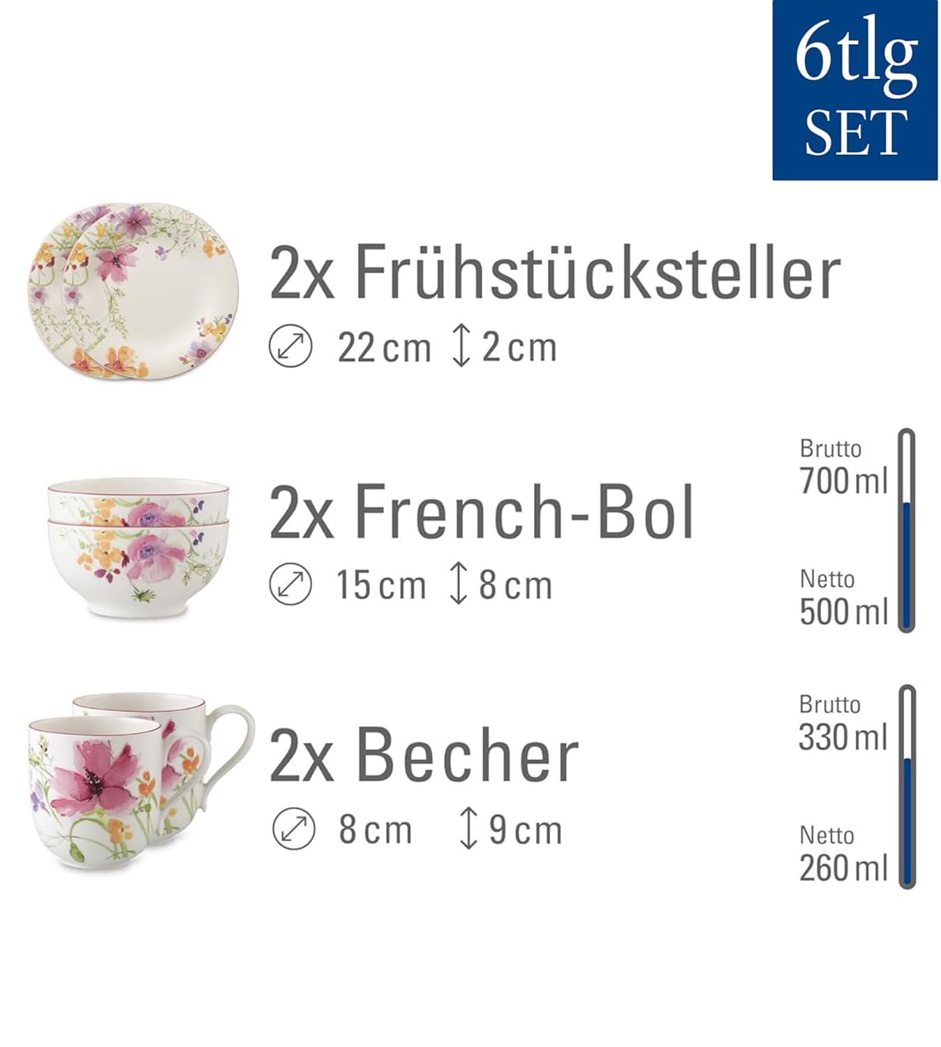 Villeroy & Boch - Mariefleur Basic Frühstücks-Set, 6 tlg., Service mit Landhausflair, Premium Porzellan, spülmaschinen-, mikrowellengeeignet, weiß/bunt