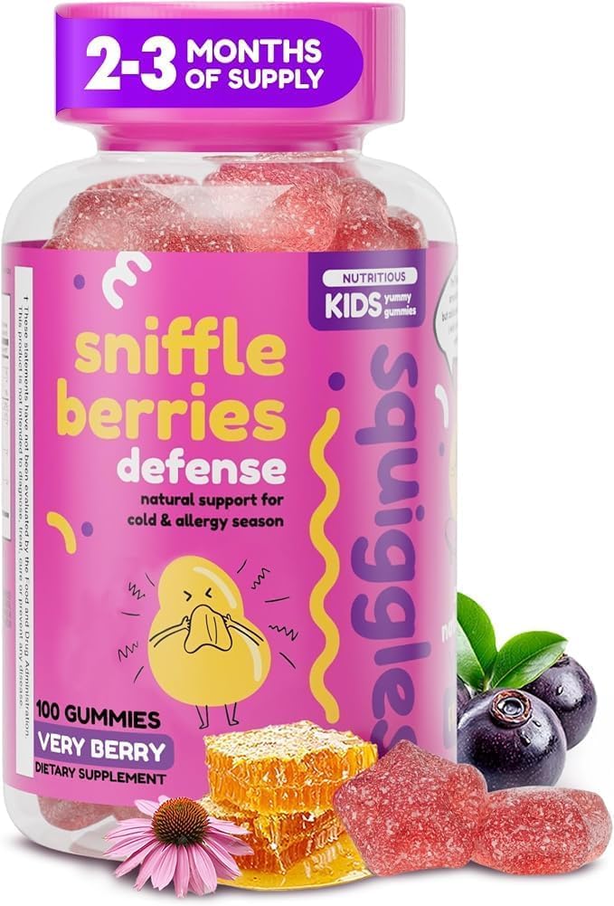 Squiggles Sniffle Berries Elderberry Gummies com Bee Propolis & Echinacea, Crianças Imune Booster, Propolis Gummies para a saúde, Vitaminas Toddler para apoio imunológico, Tasty Chewy Gummy (100 Conde)