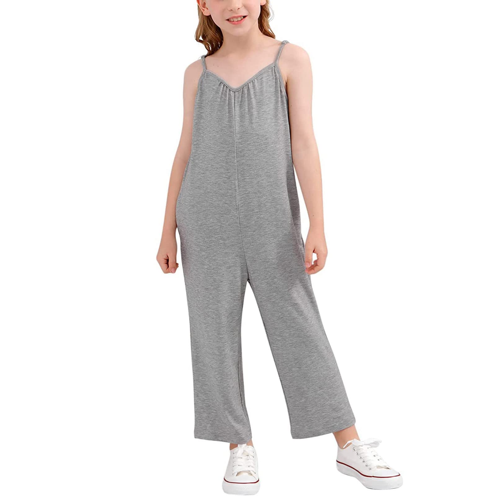 HOOUDO Niñas Sólido Casual Sin Mangas Pantalones Largos Mono Con Bolsillos Laterales Monos Roscas De