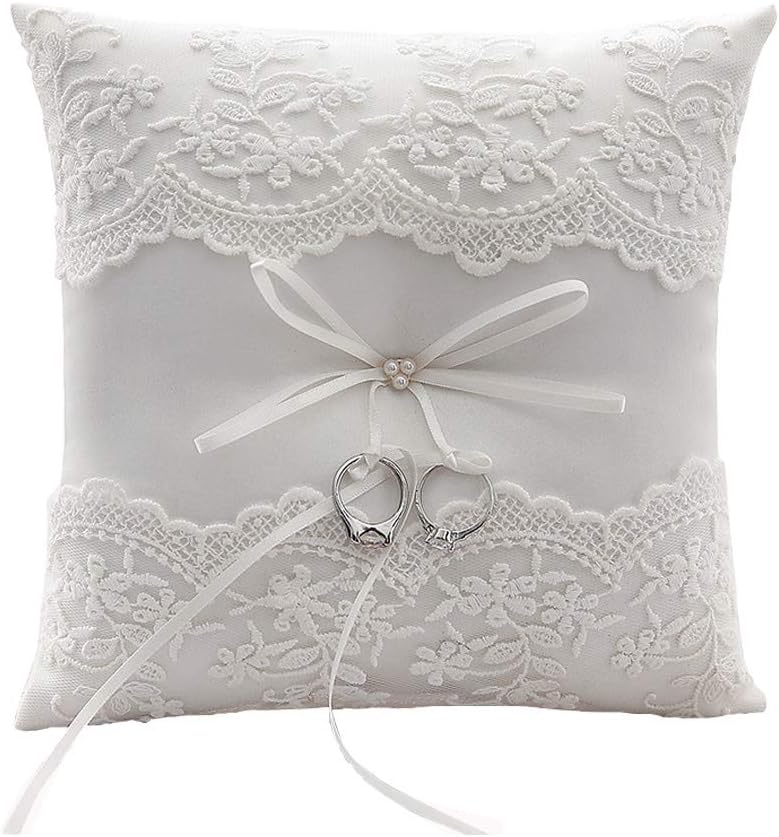 Ring Bearer Pillow Ivory, Wedding Ring Pillows, Personalize Wedding Rings Holders with Beautiful lace & Flower 7.9" x 7.9"（Lvory White）