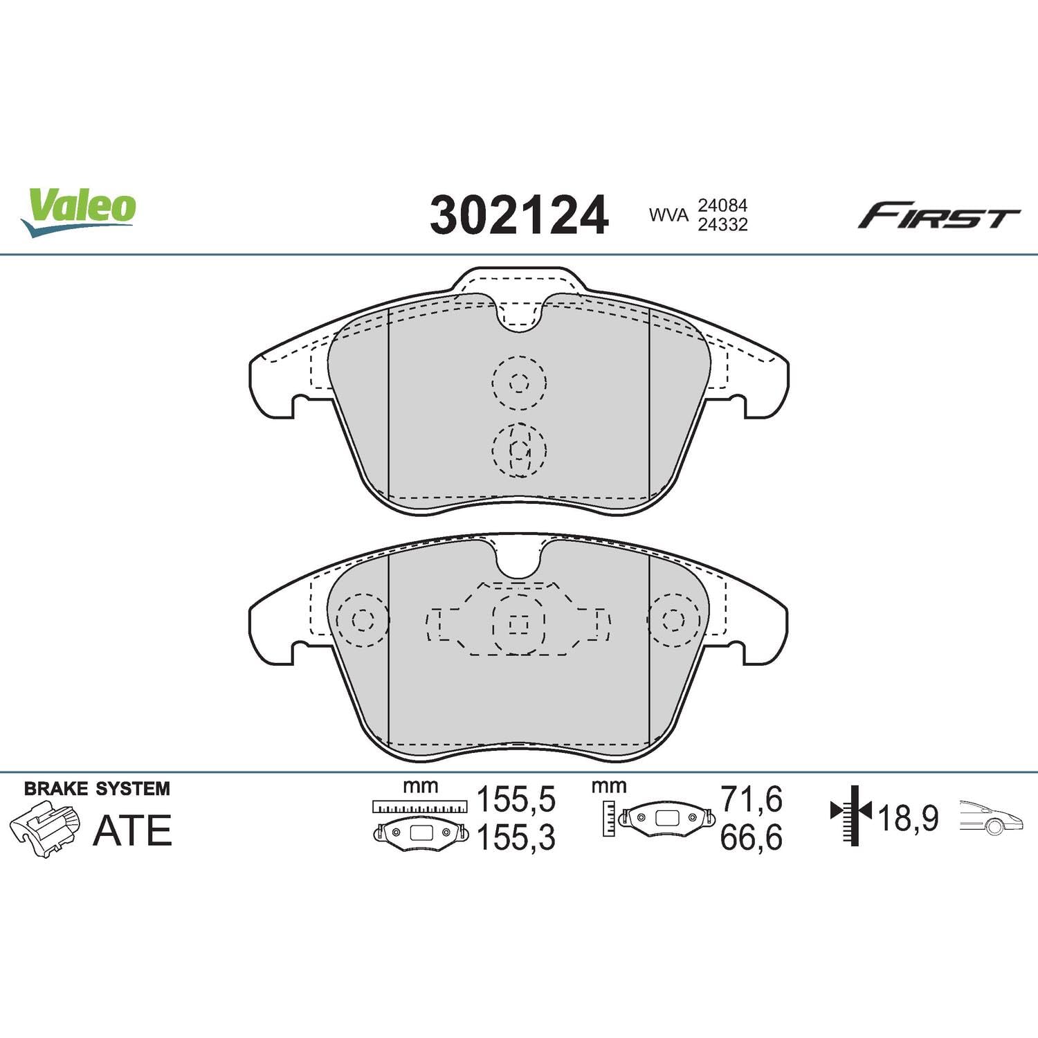 Valeo Jeu de 4 Plaquettes de Frein Essential 302124, Essieu Avant | Compatible avec: CITROËN C5 III, C5 III Break, PEUGEOT 407, 407 Coupe, 407 SW, 508 I, 508 SW I, 508 SW Kasten/Kombi