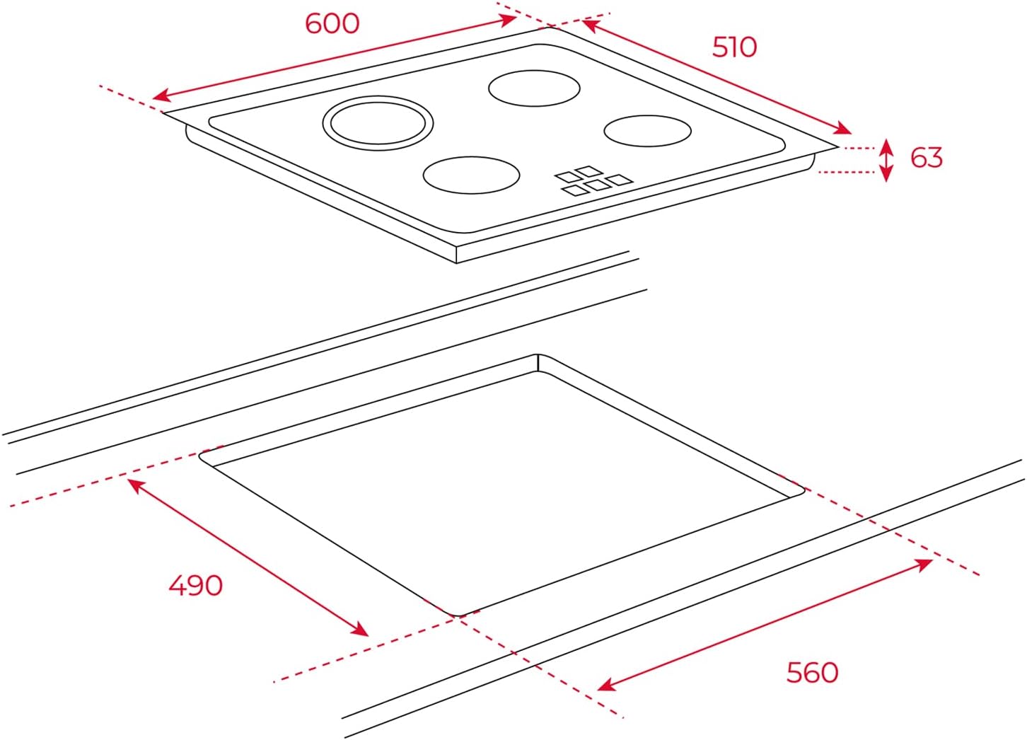 Installation diagram with hob and countertop cut-out dimensions