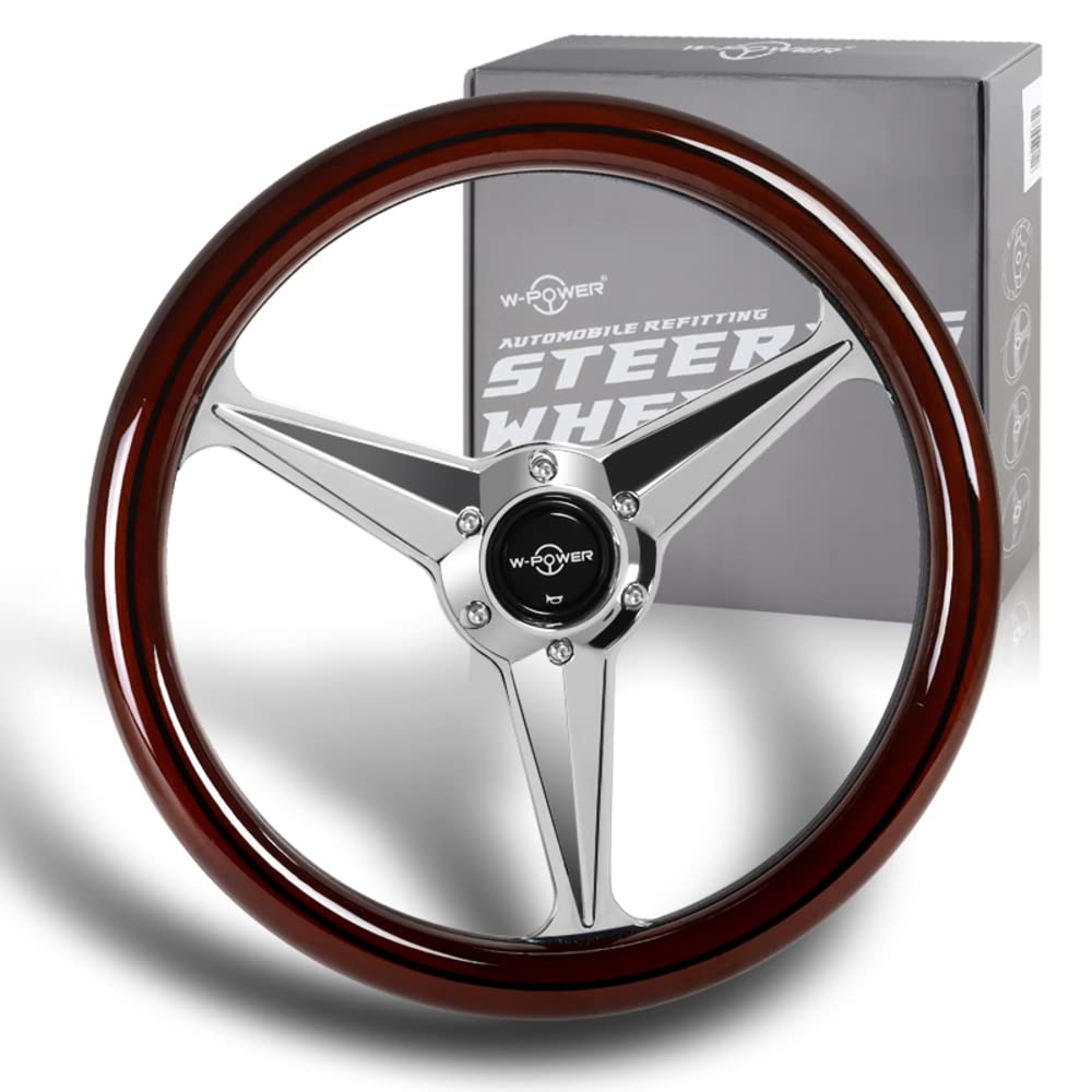 14" Universal 350mm 6 Bolt Hole Classic Style with Aluminum Polished Dark Wood Grip Steering Wheel, Black Horn Button, Chrome 3-Spoke