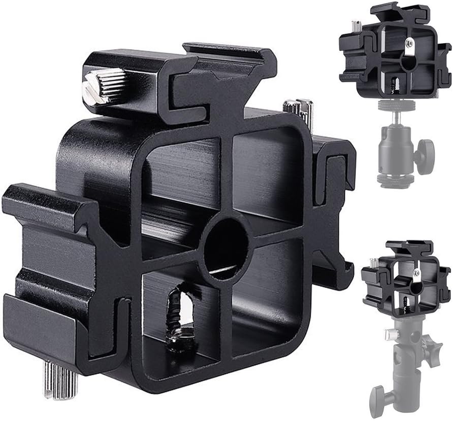 FOTYRIG 3 Triple Cold Shoe Mount Umbrella Holder Camera Speedlite Mount Adjustable Hot Shoe Mount Flash Bracket for Speedlight, Led Lights, LED Monitors, Microphones, Audio Recorder & Studio