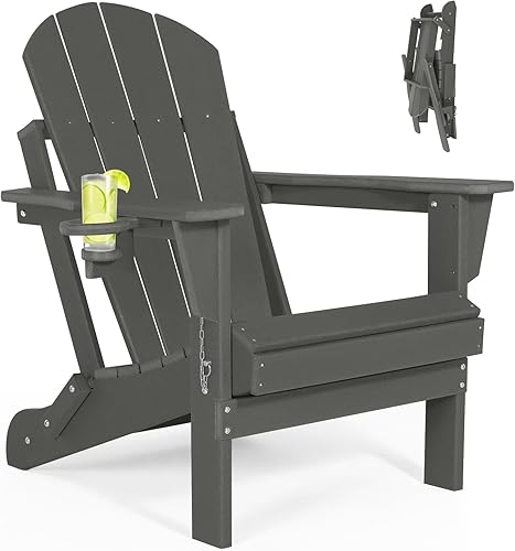 ABCPATIO Silla plegable Adirondack para exteriores, resistente a la intemperie, con portavasos, ancho de asiento de 20 pulgadas, gris oscuro