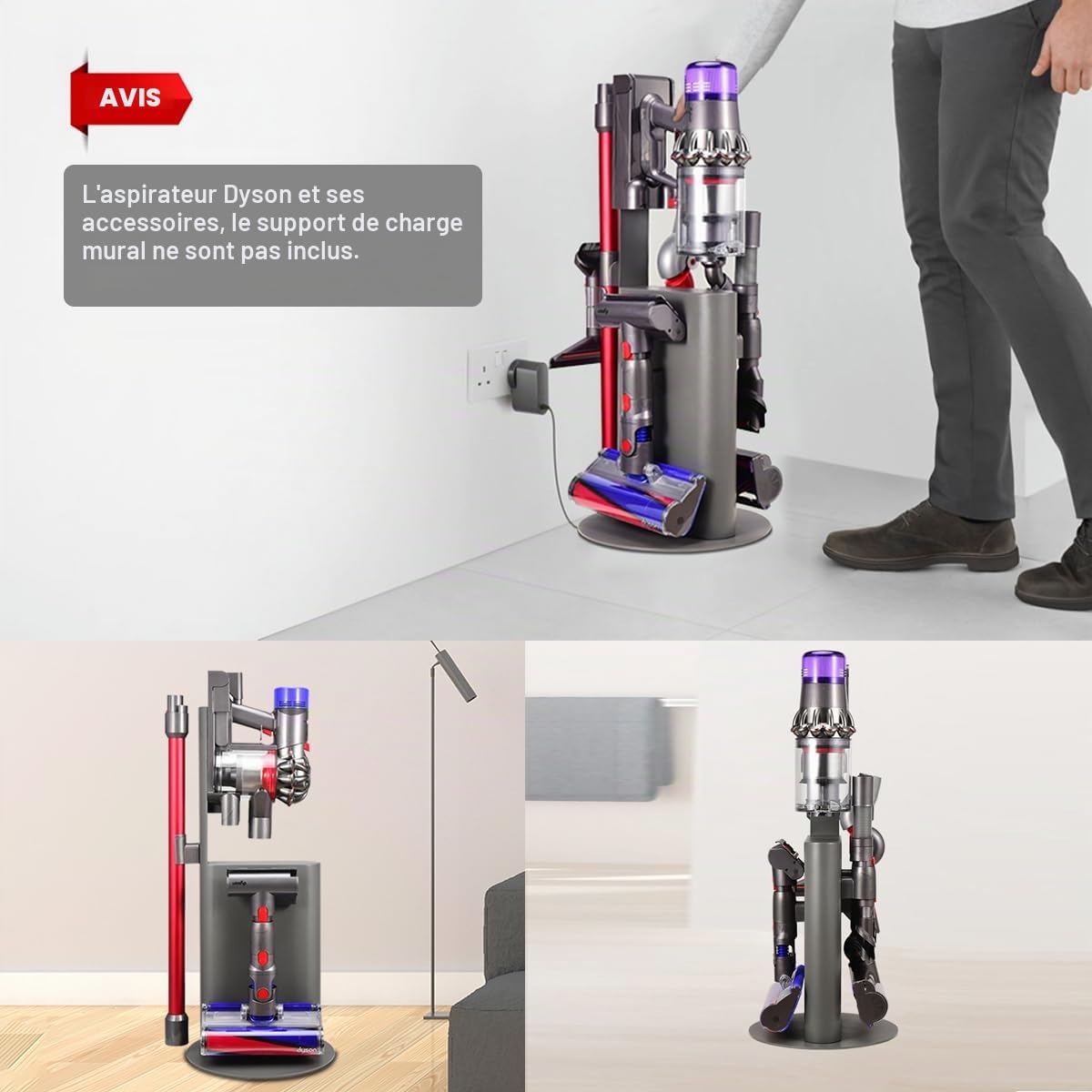Support d'aspirateur pour aspirateur Dyson V15 V11 V10 V8 V7 V6, support de rangement stable en métal, support de rangement sans perçage compatible avec aspirateur sans fil Dyson et ses
