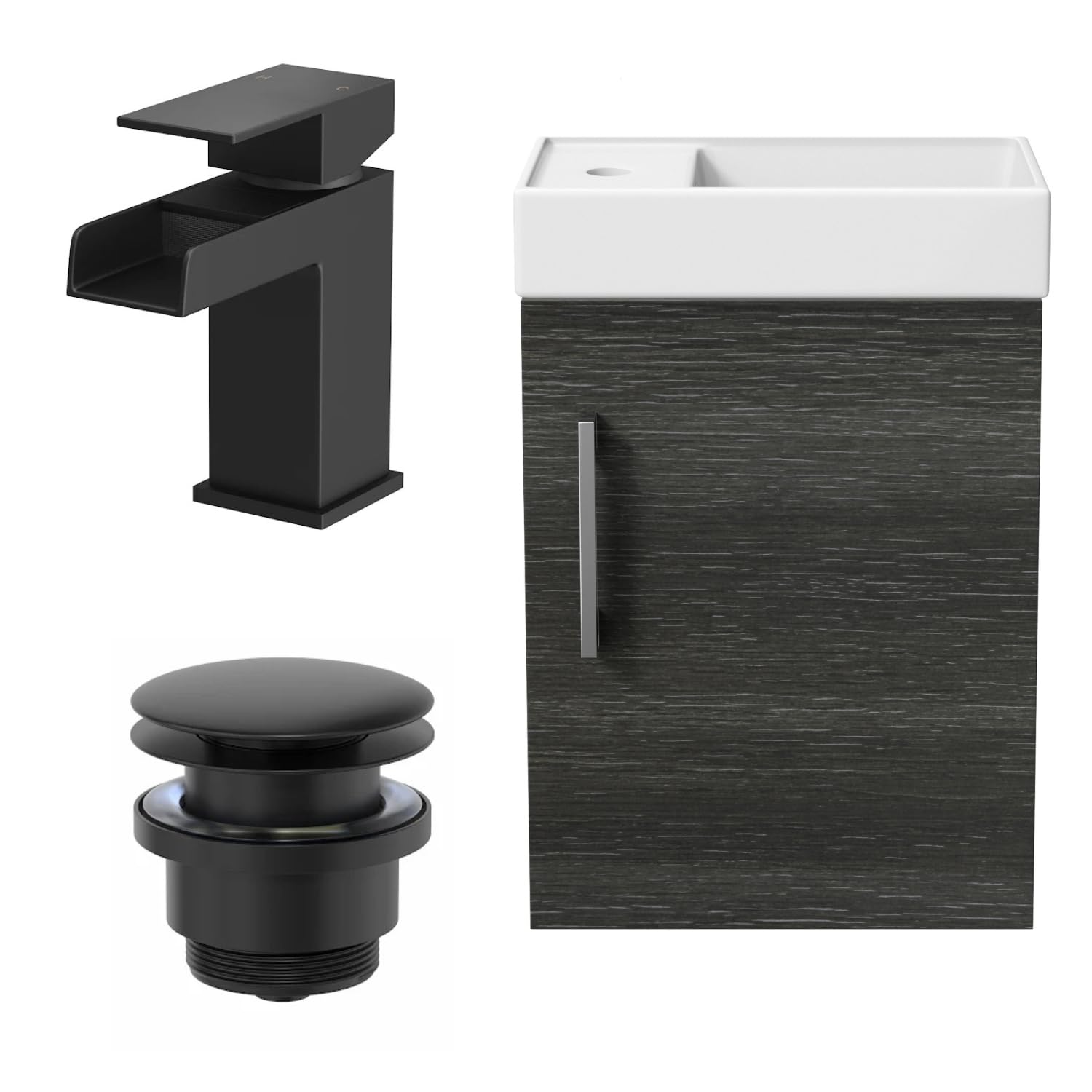 BAYSTONE 400mm Bathroom Vanity Unit Ceramic Wash Sink Wall Hung Storage Cabinet Reversible Soft Close Cupboard & Essentials Basin Mixer Tap & Waste Set, Charcoal Grey