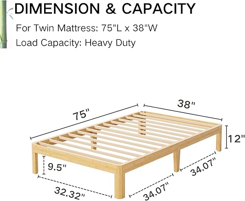 Miniatura 2 de Marco de cama individual de madera de bambú de 12 pulgadas de alto, marco de cama con soporte de listones de metal, reforzado, no necesita somier,