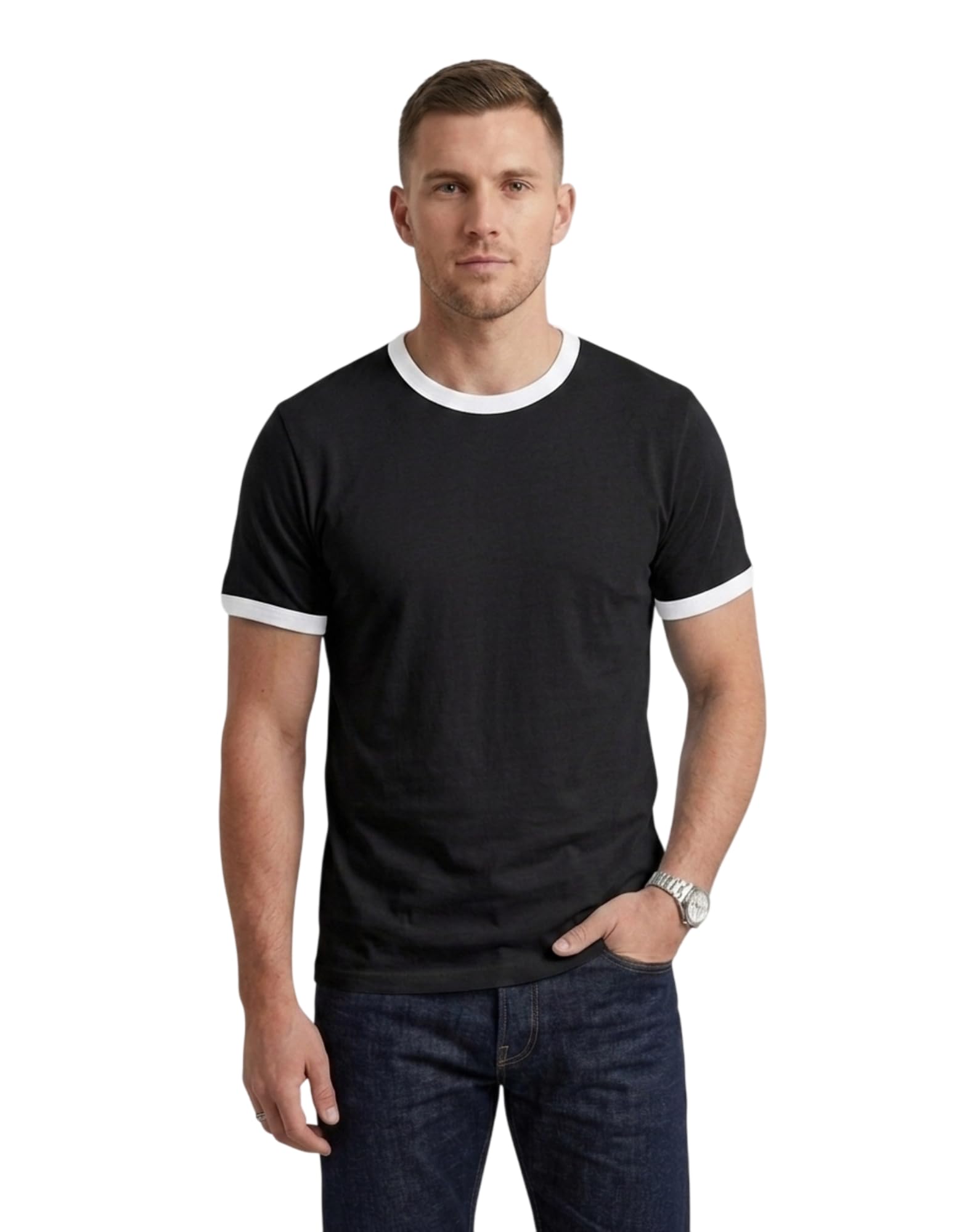 Men's Casual Short Sleeve Contrast Trim Ringer T-Shirt, Crewneck Cotton Tee-picture-50