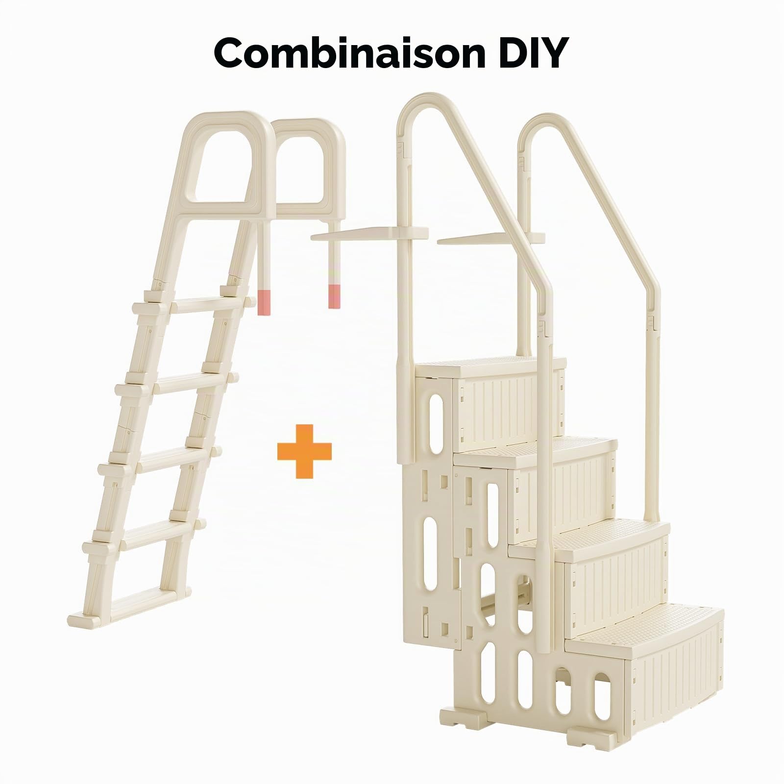 BONNLO Ensemble Escaliers de Piscine Double 4+5 Marches, PE, Blanc Cassé, Échelle de Piscine Creusée et Hors Sol 122-137 cm, Anti-Dérapant, DIY Combiné