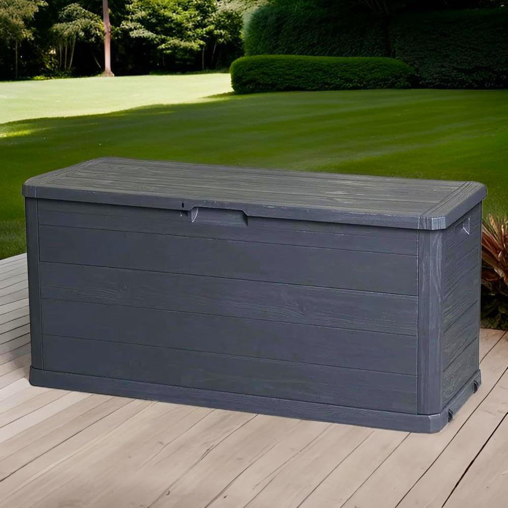 Baule Cassapanca 280 Litri Effetto Legno Contenitore Stoccaggio in Resina Antracite Dimensioni 117x45x56h cm da Esterno Resistente ai Raggi Uv -