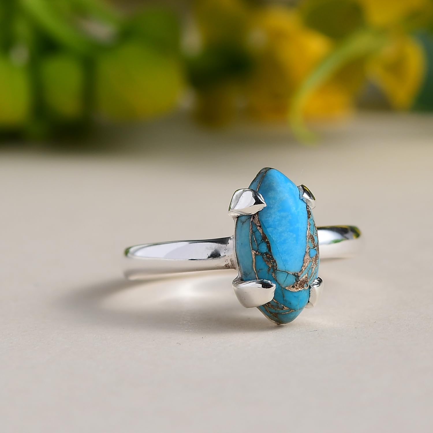 Turquoise Ring for Women, Blue Copper Turquoise Marquise Shape Gemstone Ring, 925 Silver Prong Set Ring