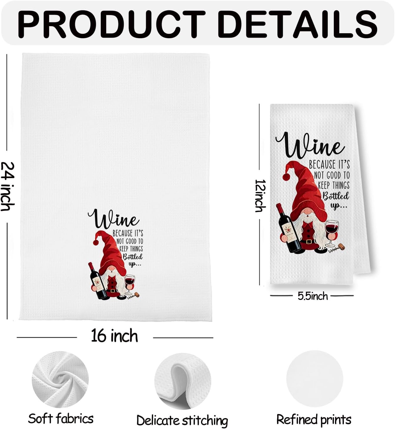 Funny Christmas Wine Gnome Kitchen Towels, Wine Lover Gifts Decorative Hand Towels, Christmas Bar Decor, Winter Holiday Xmas Dish Tea Towel for Home Bar Kitchen, 16x24 Inch Set of 2 - Image 6