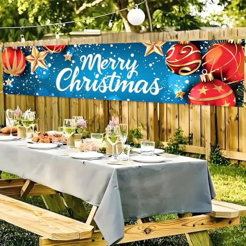 Image of Christmas Ball Ornament Outdoor Banner 78.7 x 17.7 Inch Red and Gold Decoration with Stars Snowflakes and Sparkling Lights Festive Holiday Backdrop for Yard Garden Porch Fence or Patio Display