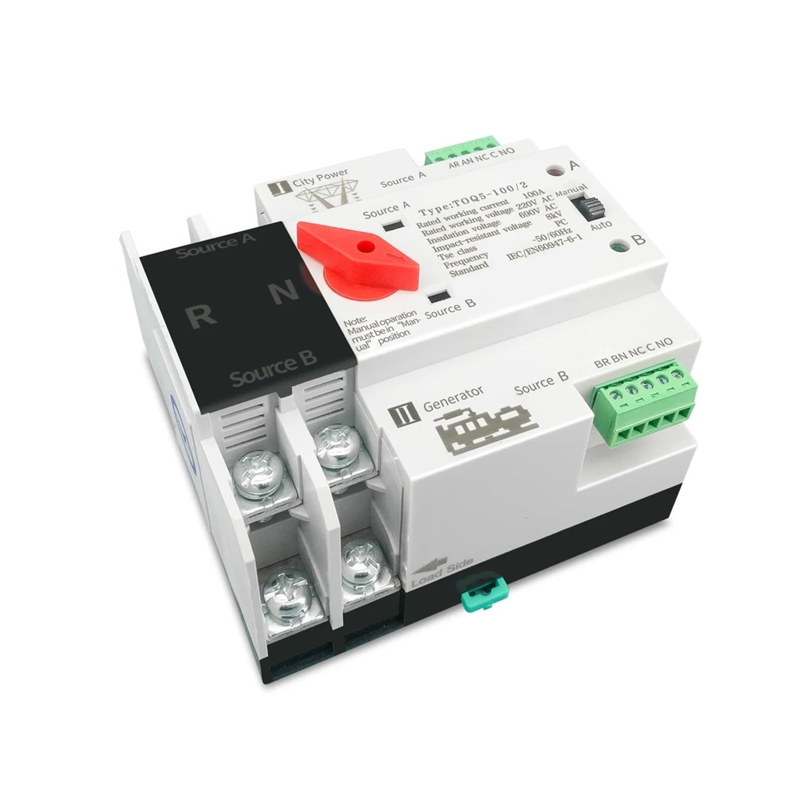 1 pz. Interruttore selettore elettrico automatico ATS monofase su guida DIN a doppia alimentazione, senza interruzione, 2P, 63A, 100A, 125A(220V,125A)