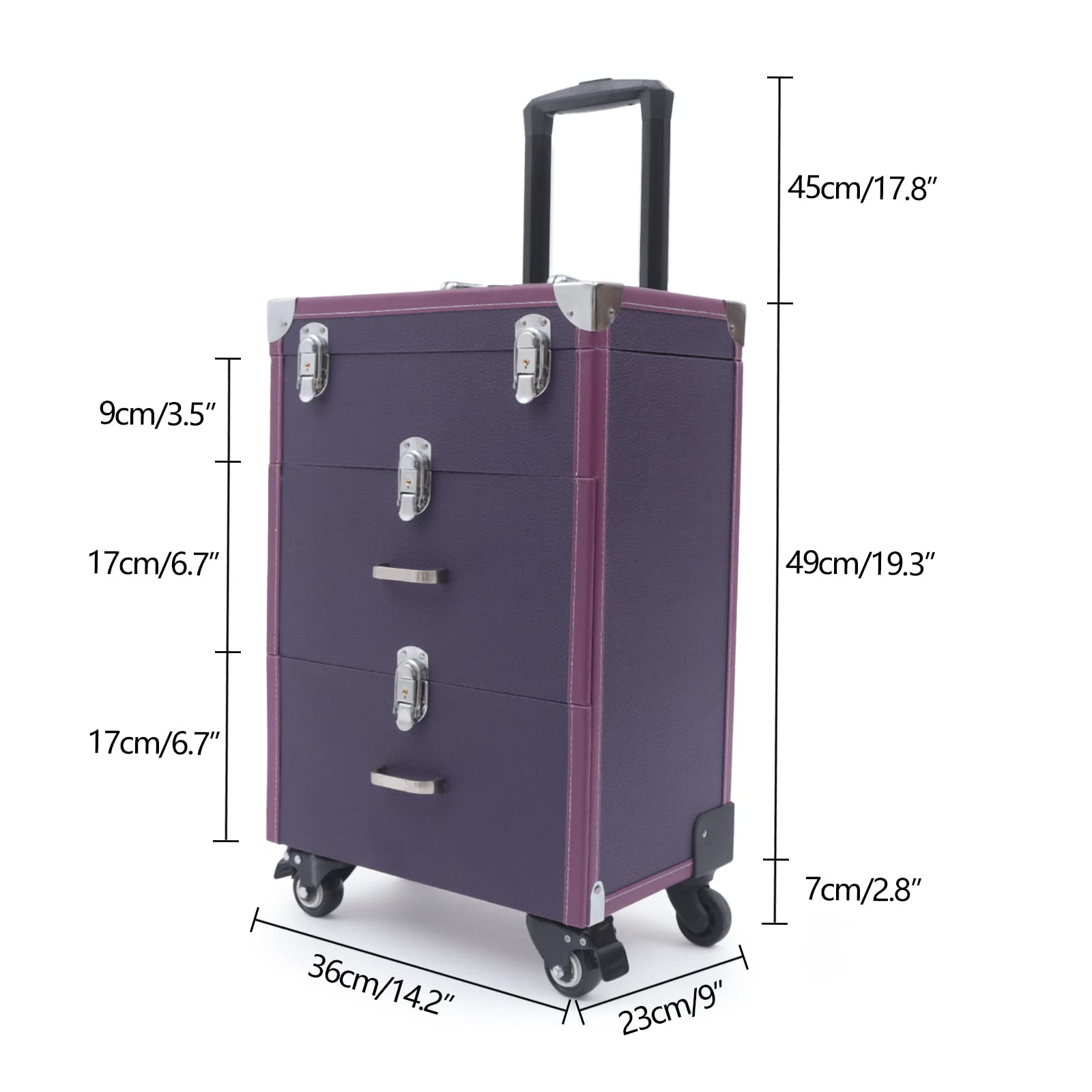 DONSU 3-Tier Rolling Makeup Train Case Large Storage Cosmetic Trolley, Salon Nail Polish Storage Box Jewelry Organizer Cosmetics Traveling Cart Trunk (Purple)