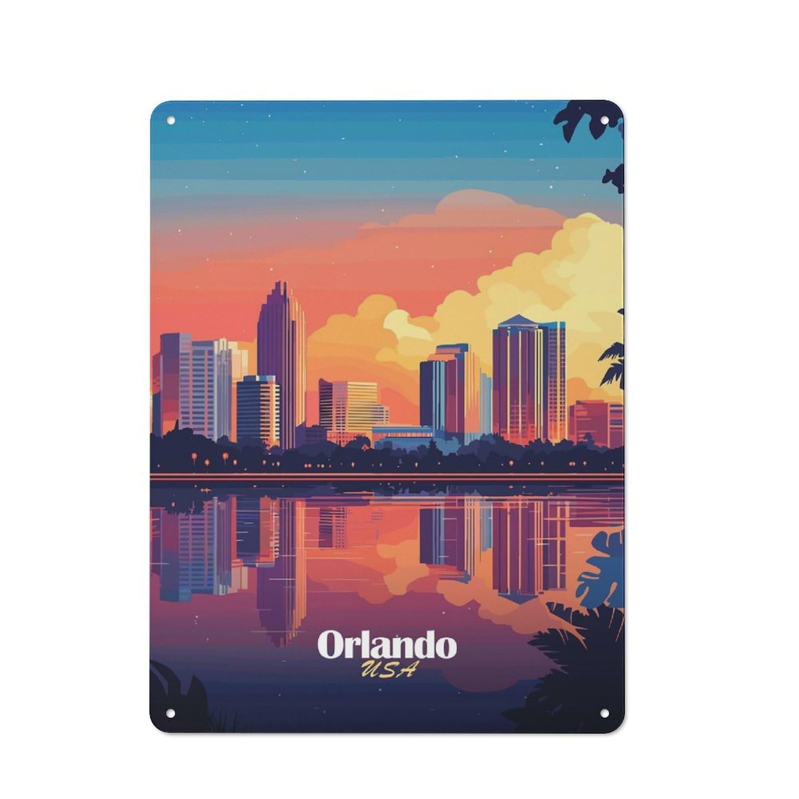 Orlando Skyline Sunset Clean Industrial Metal Wall Decor 40x30cm, Decorative Metal Plaque for Workspace, Cafe, Hallway Or Garage