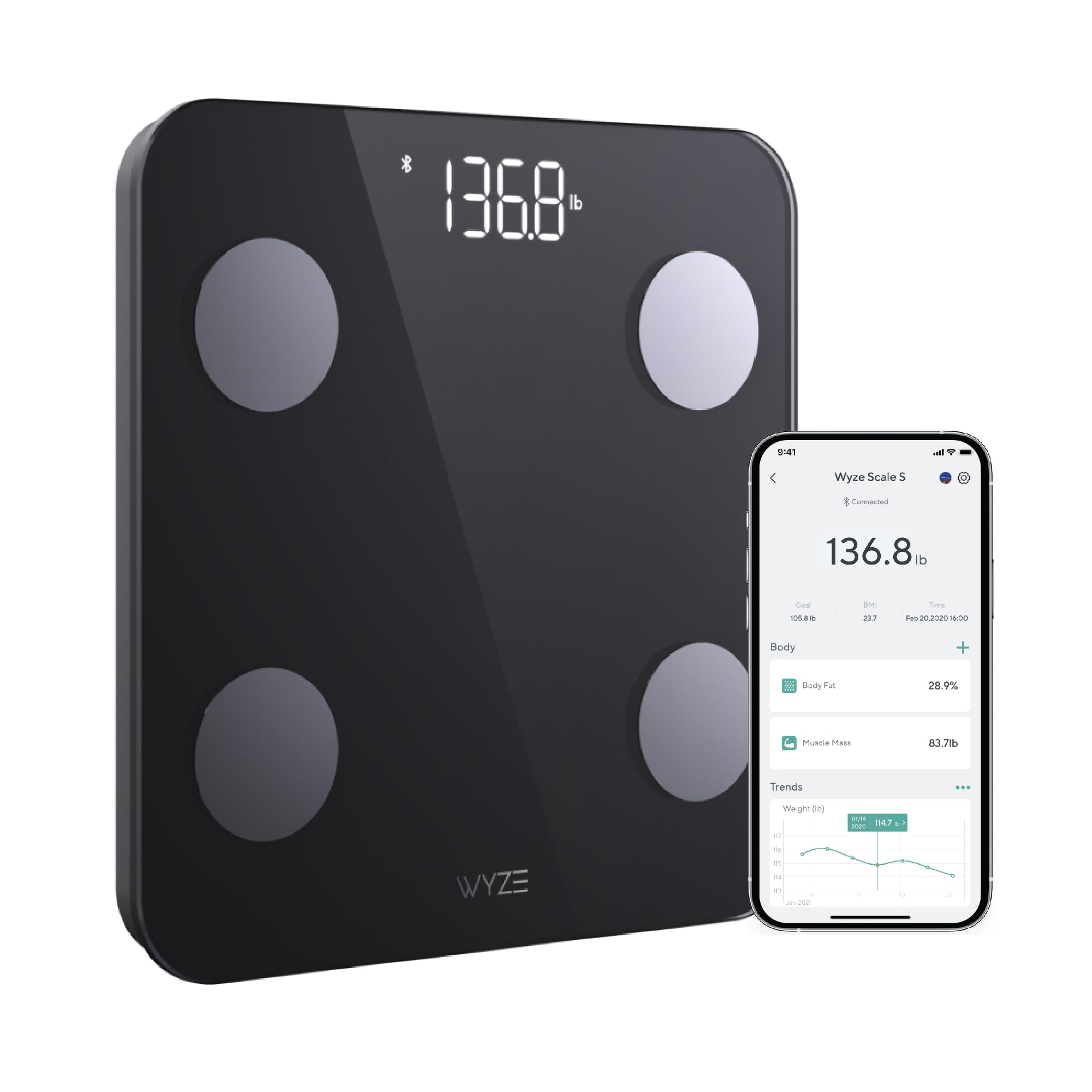 WYZE Body Fat Scale S, Digital Bathroom Scale, Body Composition Analyer, Baby/Pet Mode, 400 lb Black