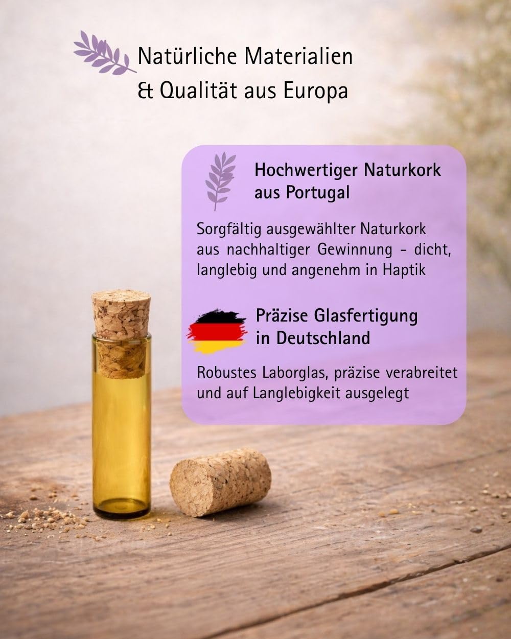 288 Stück Flachbodengläser | 50mm x Ø14mm | Globuligläser | UV-Schutz braune Laborgläser | Laborgefäß Braunglas| Reagenzglas stehend mit Natur Korkstopfen