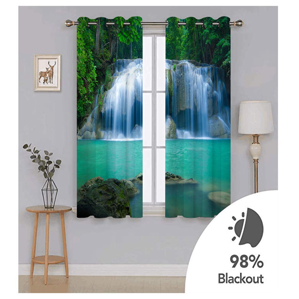 Cortinas Niño Niña Habitacion Opacas Con Ojales 2 Piezas 3D Piscina Profunda Con Cascada Verde Patrón 264X214Cm（An X Al）Cortinas Termicas Aislantes Frio Y Calor Salón Dormitorio Ventana Decoración