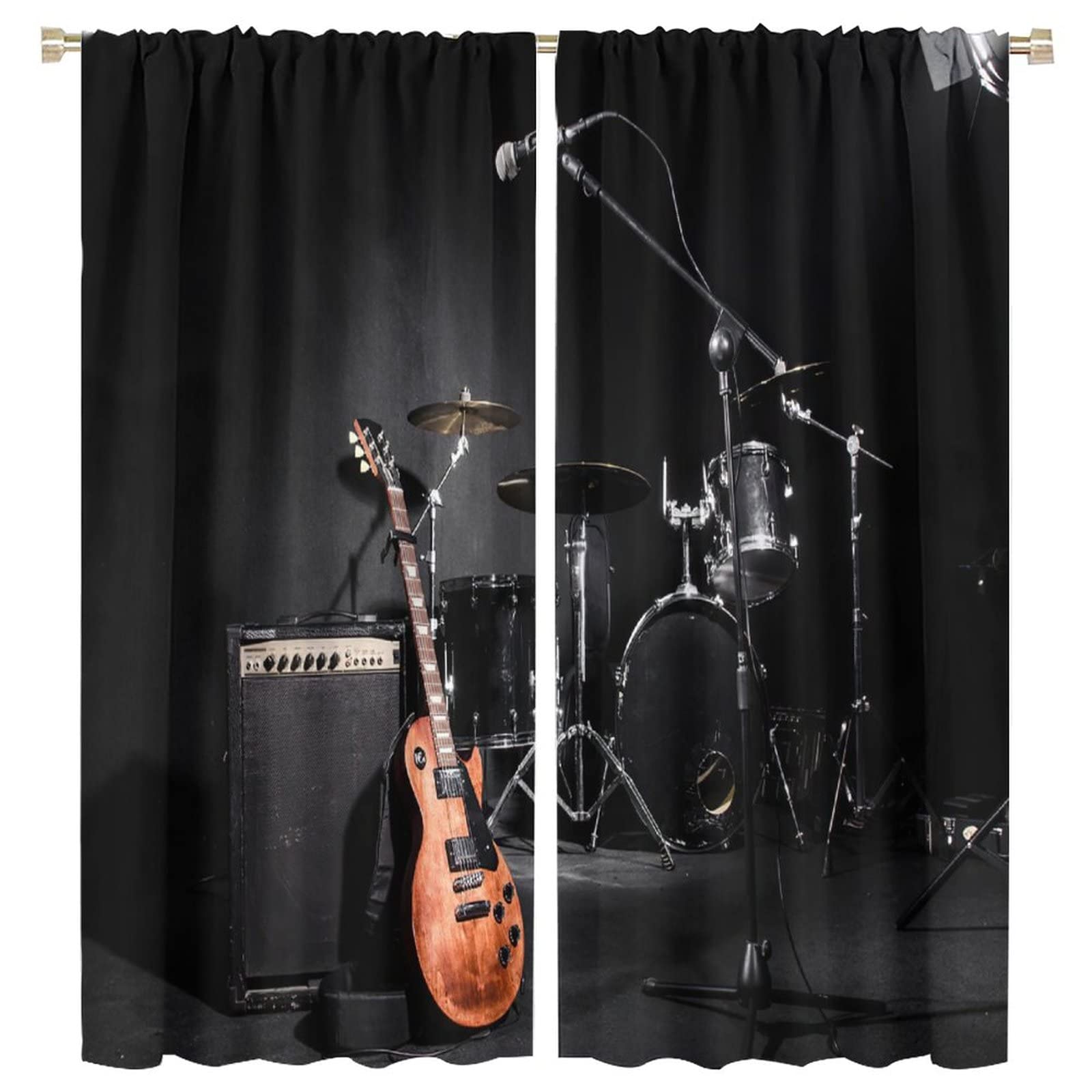 Rock Music Blackout Curtain,Guitars Jazz Music Theme Blackout Rod Pocket Window Drapes for Teens Boys Bedroom Living Room Decor W63xL72in