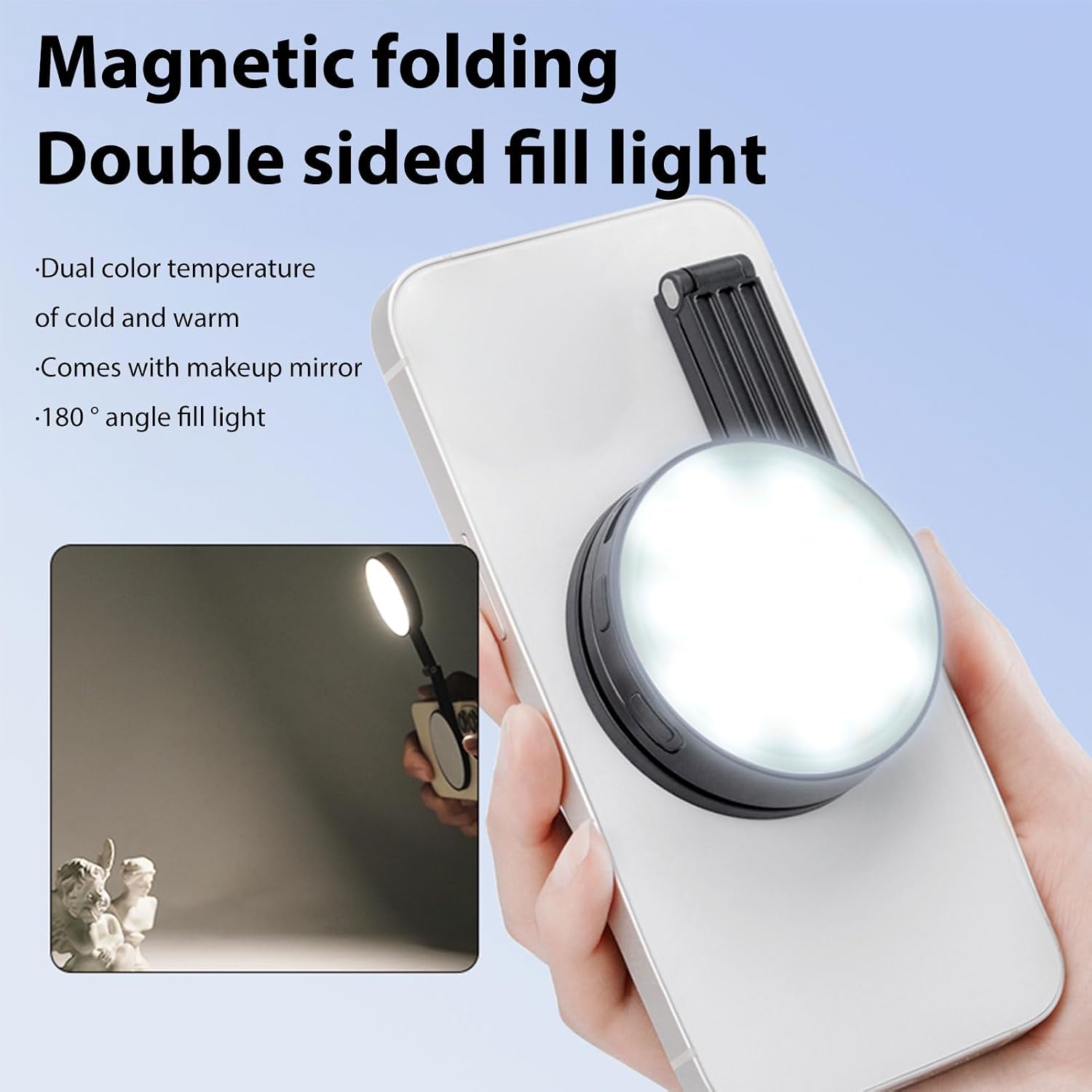 Sanpyl Magnetic Selfie Phone Light with Mirror for iOS 16/15/14/13/12 Series, 2500K to 6500K, CRI95, 600mAh, Phone Fill Lighting with Mirror for Makeup Photography