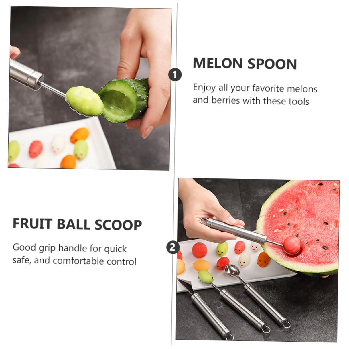 4 Stück Melonenausstecher aus Edelstahl für Früchte | Silberfarbene Ausführung, Leicht zu Bedienen, zum Formen von Melonenkugeln, für Obst und Gemüse