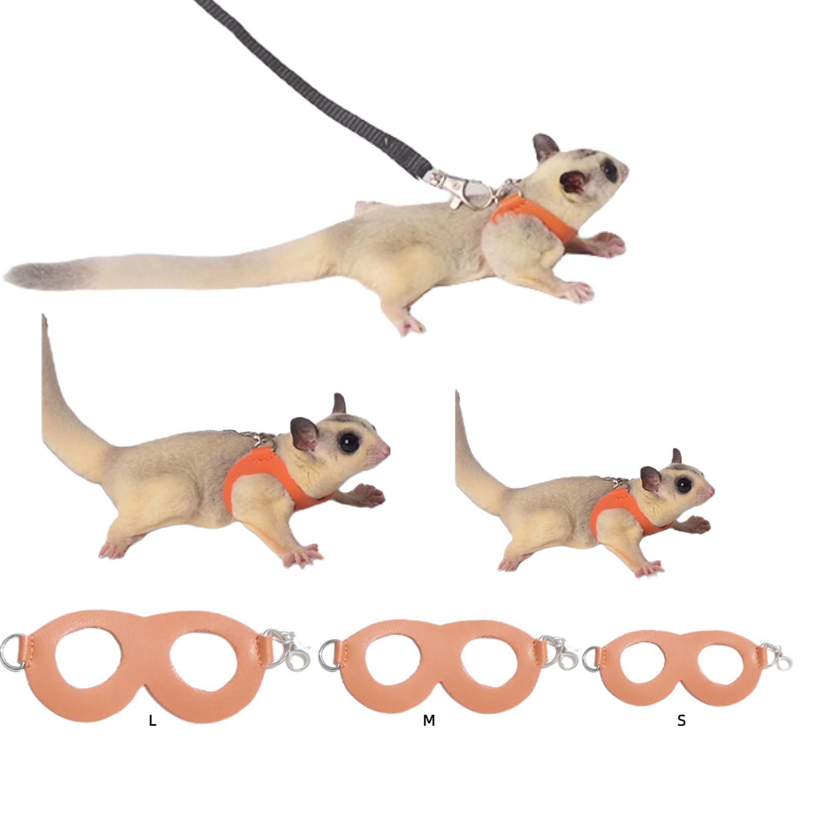 MANON ROSA Sugar Glider Harness & Leash Set - Escape-Proof 3-Piece Adjustable Vest for Squirrels Rats Mice Mouse & Small Animals - Hamster Gerbil Walking Gear, Pet Toy Accessories, Orange