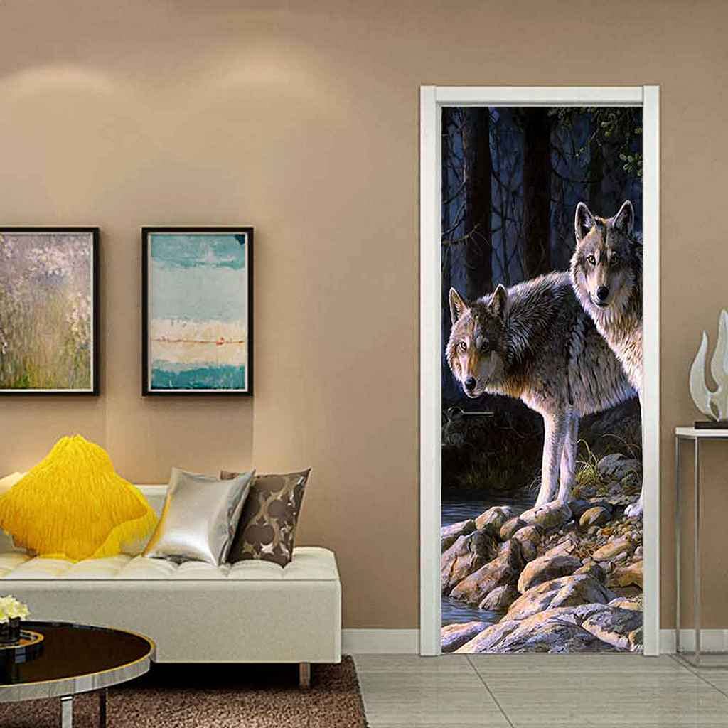 MYIESAXL Adesivo per Porta 3D Lupo Grigio Impermeabile Moderno Adesivo Murale per Porta 3D Adesivo da Parete in Vinile per Porta Interna Soggiorno Camera da Letto Bagno L95 X H215 cm