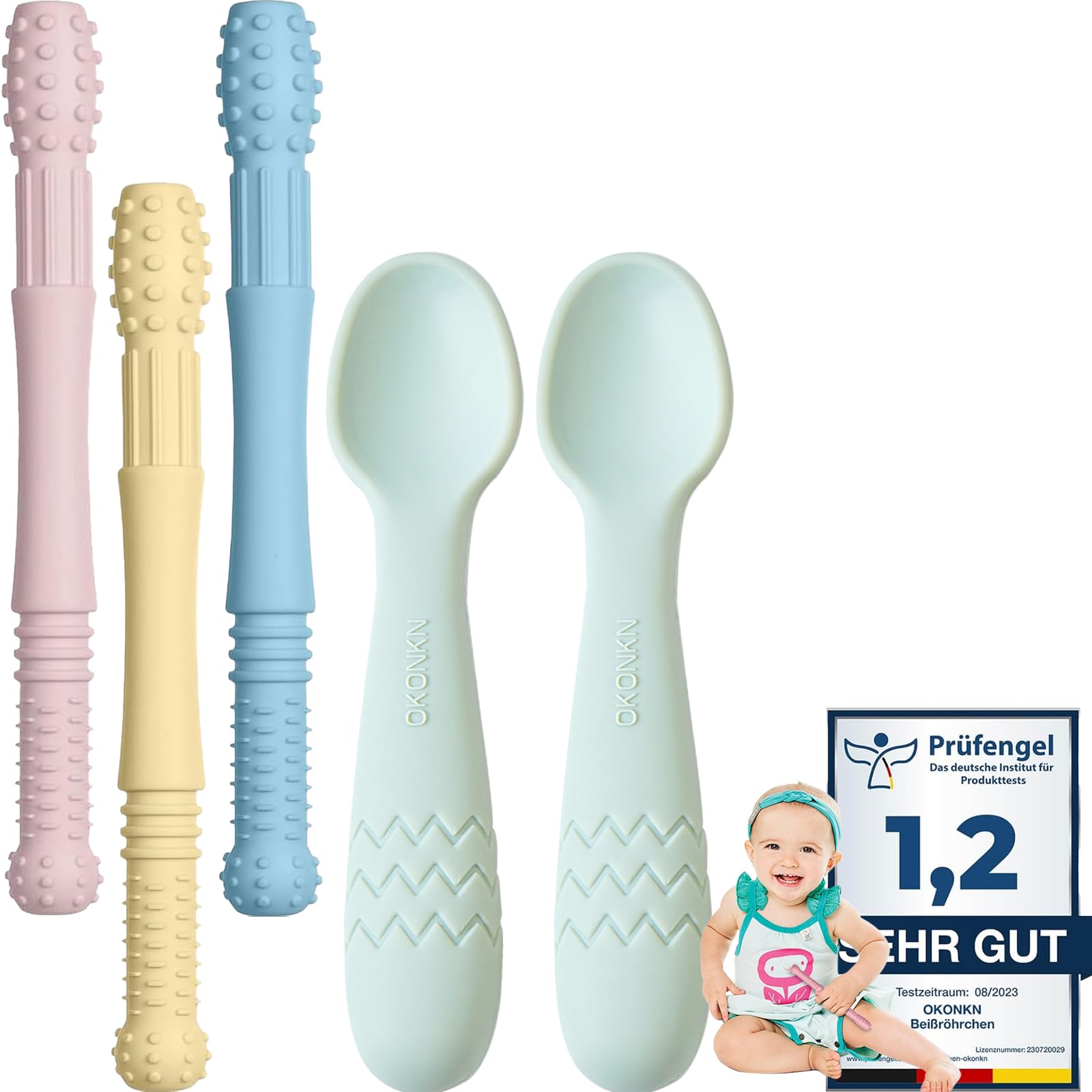 Beißröhrchen Zahnungshilfe Beißring esslernlöffel Silikon 5 Stück Zugelassene Greifling (5 Stück-D)