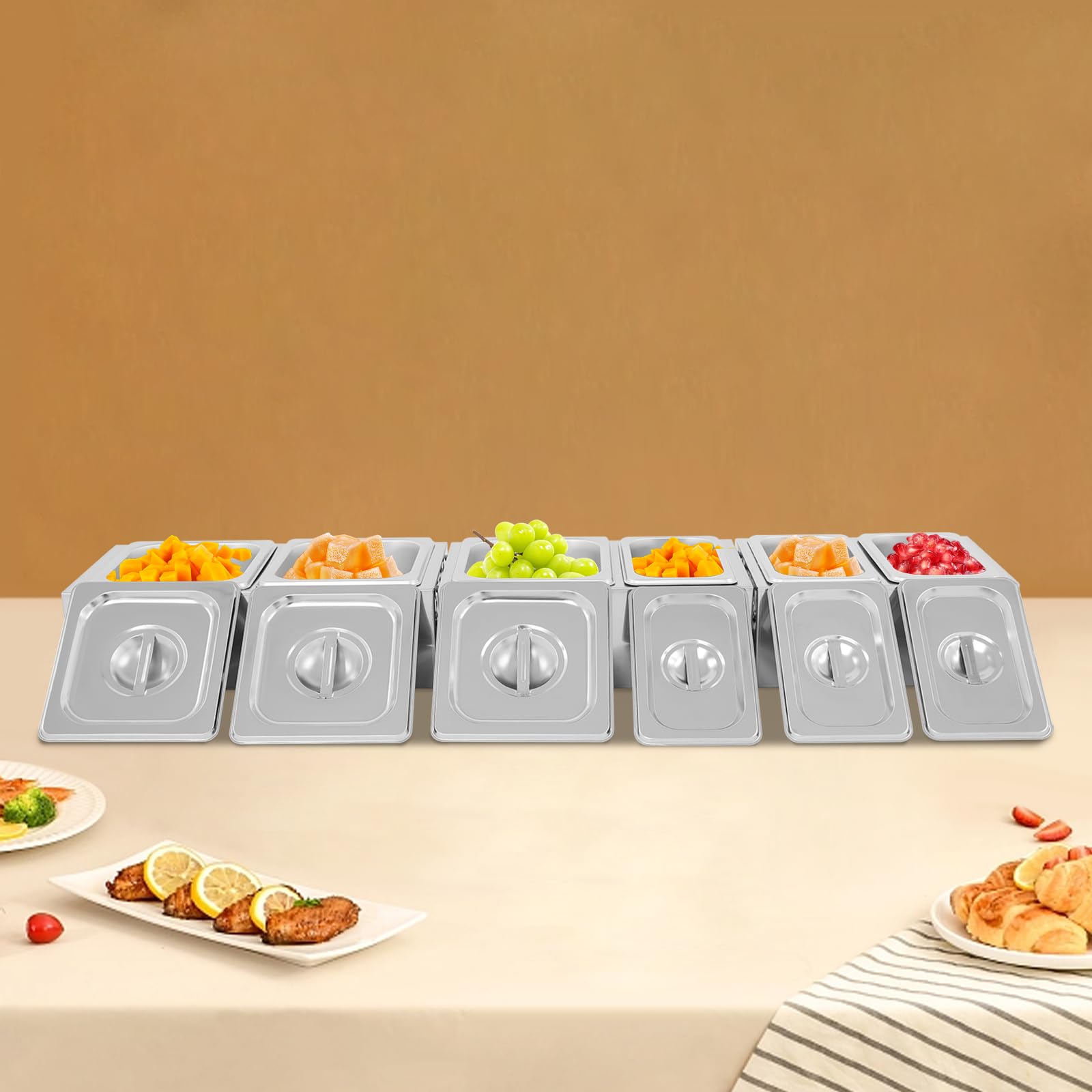Lot de 6 pots à épices en acier inoxydable avec étagères et couvercle, pour le stockage du sucre, du sel, des sauces, du vinaigre, 11 x 17,5 x 6,5 cm/16,5 x 17,5 x 6,5 cm