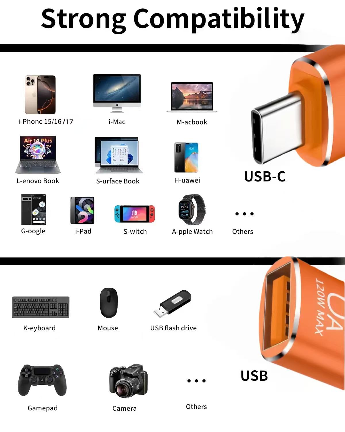BOMIE Paquete de 2 adaptadores USB C a USB, 6 A, 120 W, carga rápida, transferencia de datos de 10 Gbps, USB C macho a USB 3.2 hembra, adaptador OTG para teléfono 15/16/17, almohadilla, M-acBook Pro
