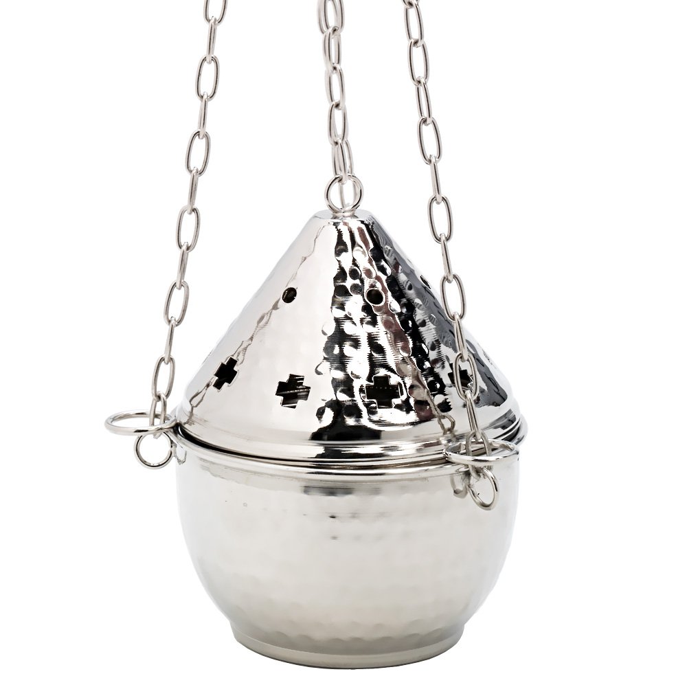 Nklaus Nickel Censer Hanging Vessel With Chain 80Cm Incense Burner Plated Hammered 7615