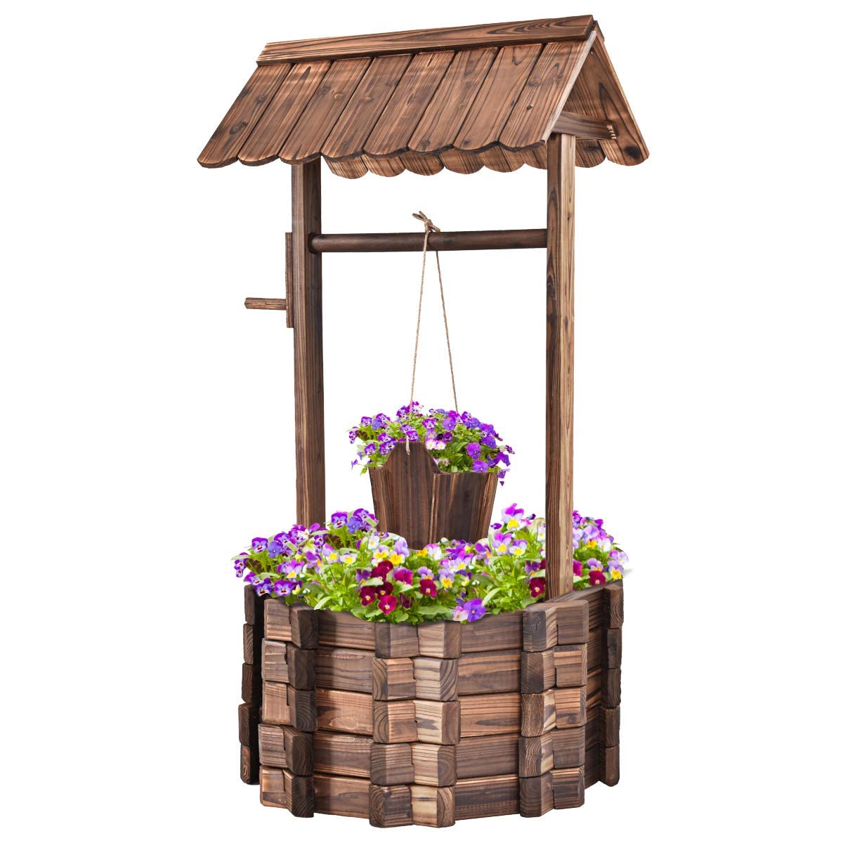 COSTWAY Fontaine de Jardin d'Ornement en Bois de Sapin Traité Carbonisation, Puit de Jardin 56 x 56 x 114 cm avec Seau et Manivelle, Décorative de Jardin
