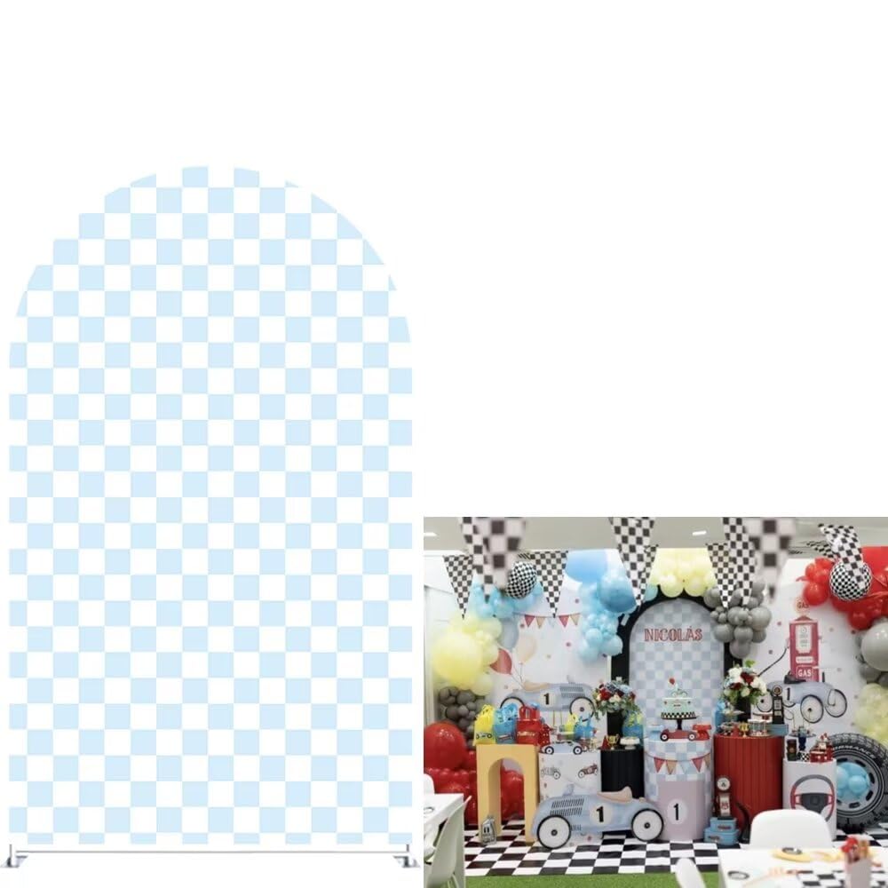 Iydamc Blue and White Checkered Racing Track Arched Fabric Backdrop Covers for Racing Party 7ft Round Top Arch Stand Cover Birthday Wedding Baby