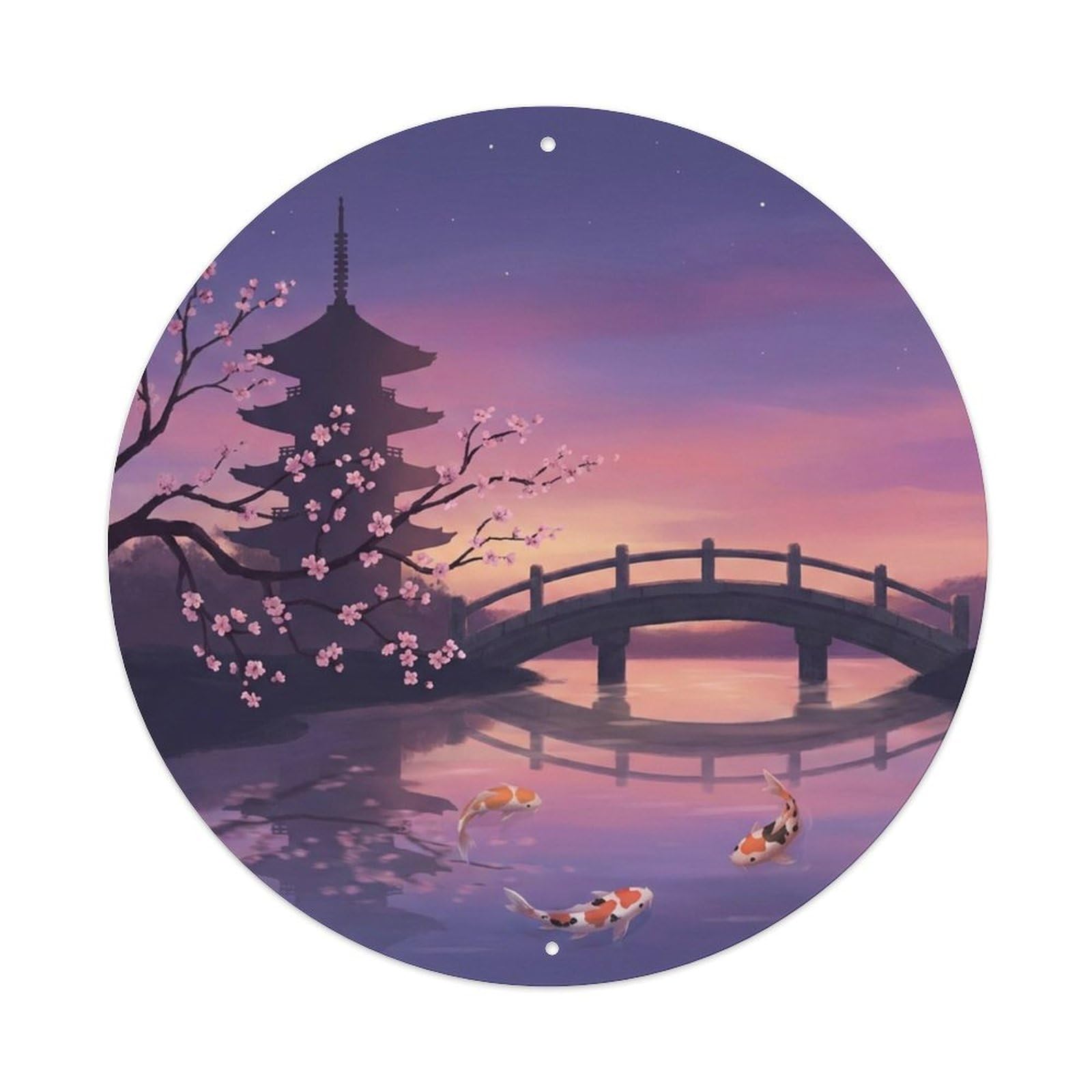 Olyhtr 8X8inch Classic Style Twilight Koi Garden Pond Vintage Purple Pink Sky Metal Tin Sign