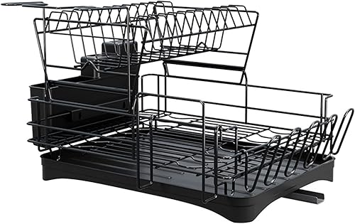 Escurridor de platos de 2 niveles con escurridor, escurridor de platos, escurridor de platos de acero inoxidable con boquilla giratoria, soporte