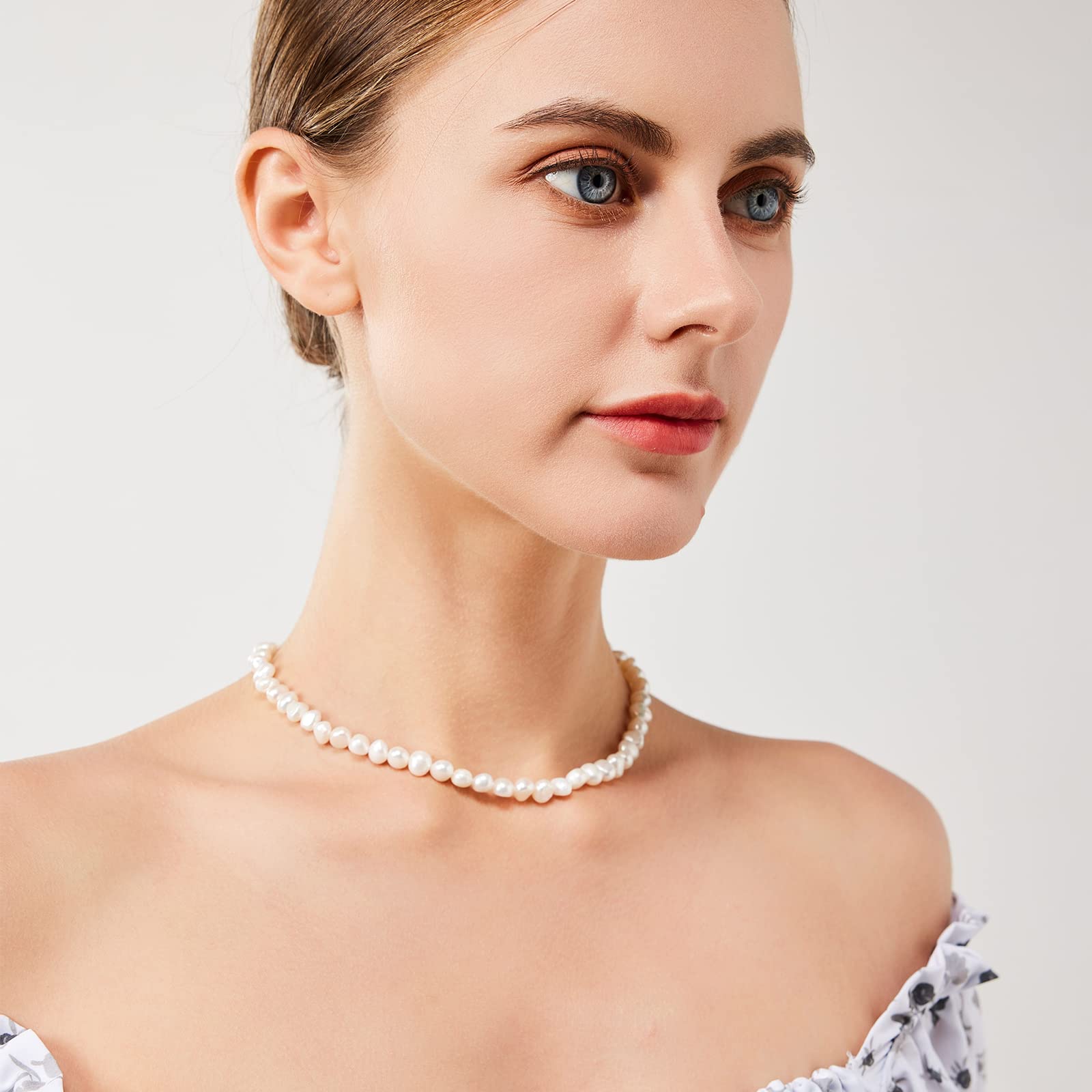 Süßwasserperlen-Halskette, echte Perlen Choker mit Liebe Anhänger, 6mm, handgefertigt, Barockstil
