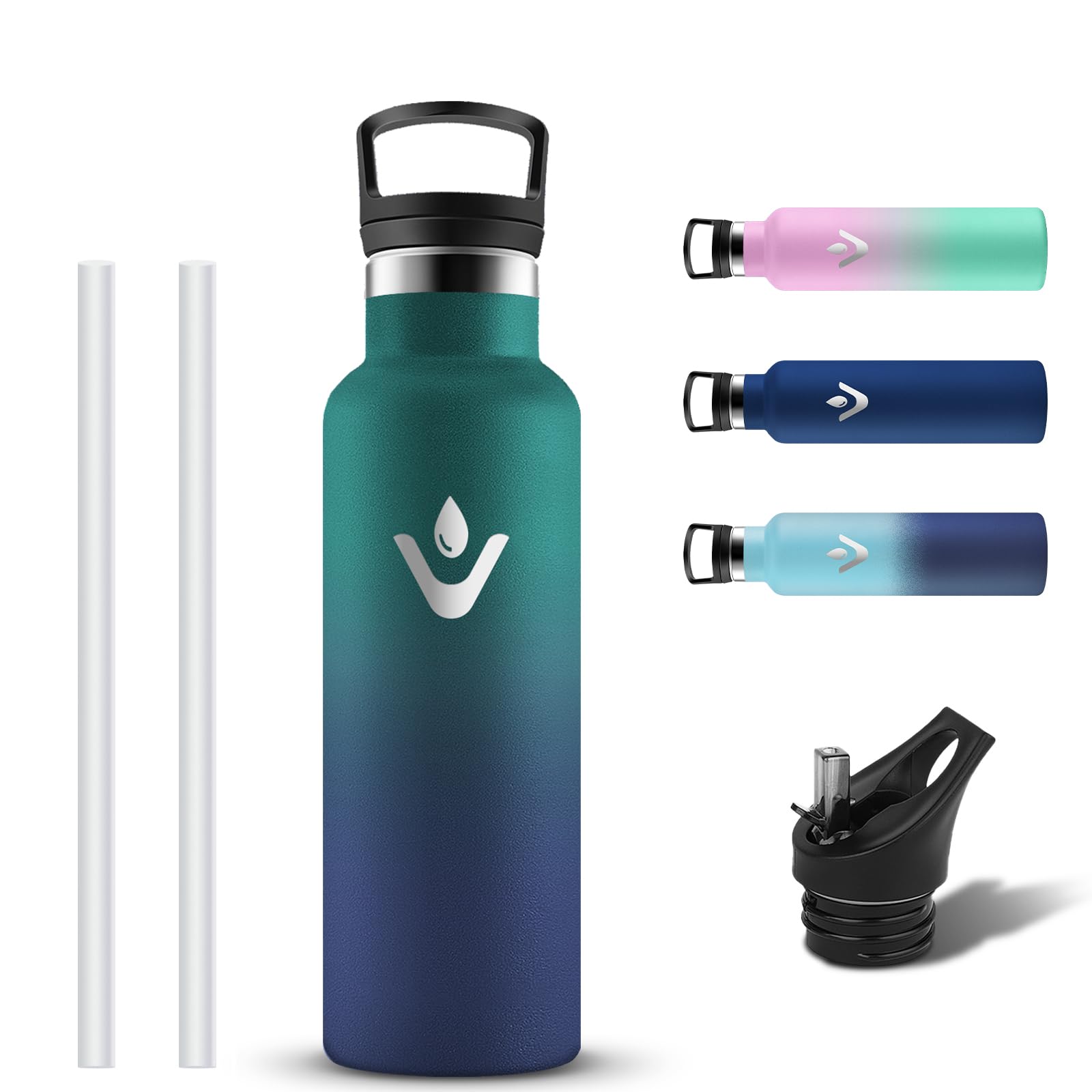 Grsta Trinkflasche Edelstahl, BPA-frei Trinkflasche 500ml, Auslaufsicher Thermosflasche mit Strohhalm, Wasserflasche Kinder mit 2 Deckel, Thermosflasche Kohlensäure Geeignet für Fitness, Gym, Wandern