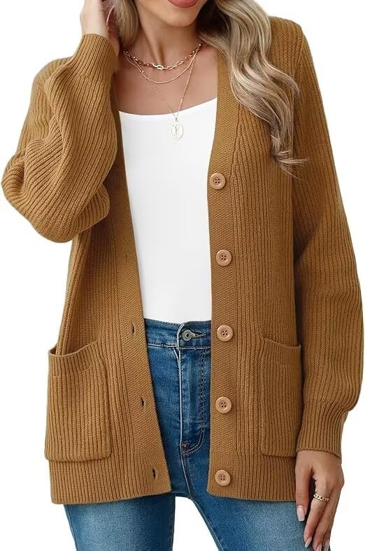 YGJIEGENG Damen Strickjacke Langärmelige Grobstrick Cardigan lockere V Ausschnitt Strickjacke Open Front Pullover Herbst Winter Elegant Casual Schulterjacke Outwear mit Knopfleiste S-2XL