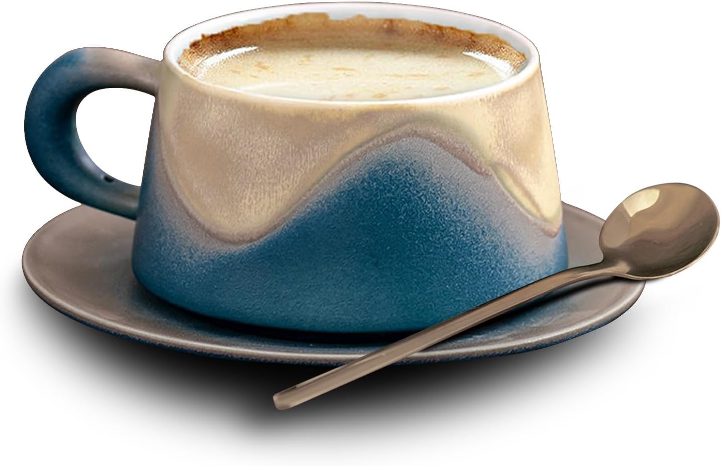 Large Stoneware Coffee Mug Set, 8.5oz Ceramic Cappuccino Cup with Saucer & Spoon, Premium Glazed Porcelain for Latte, Espresso, Tea & Mocha, Dishwasher Safe Gift (Blue)