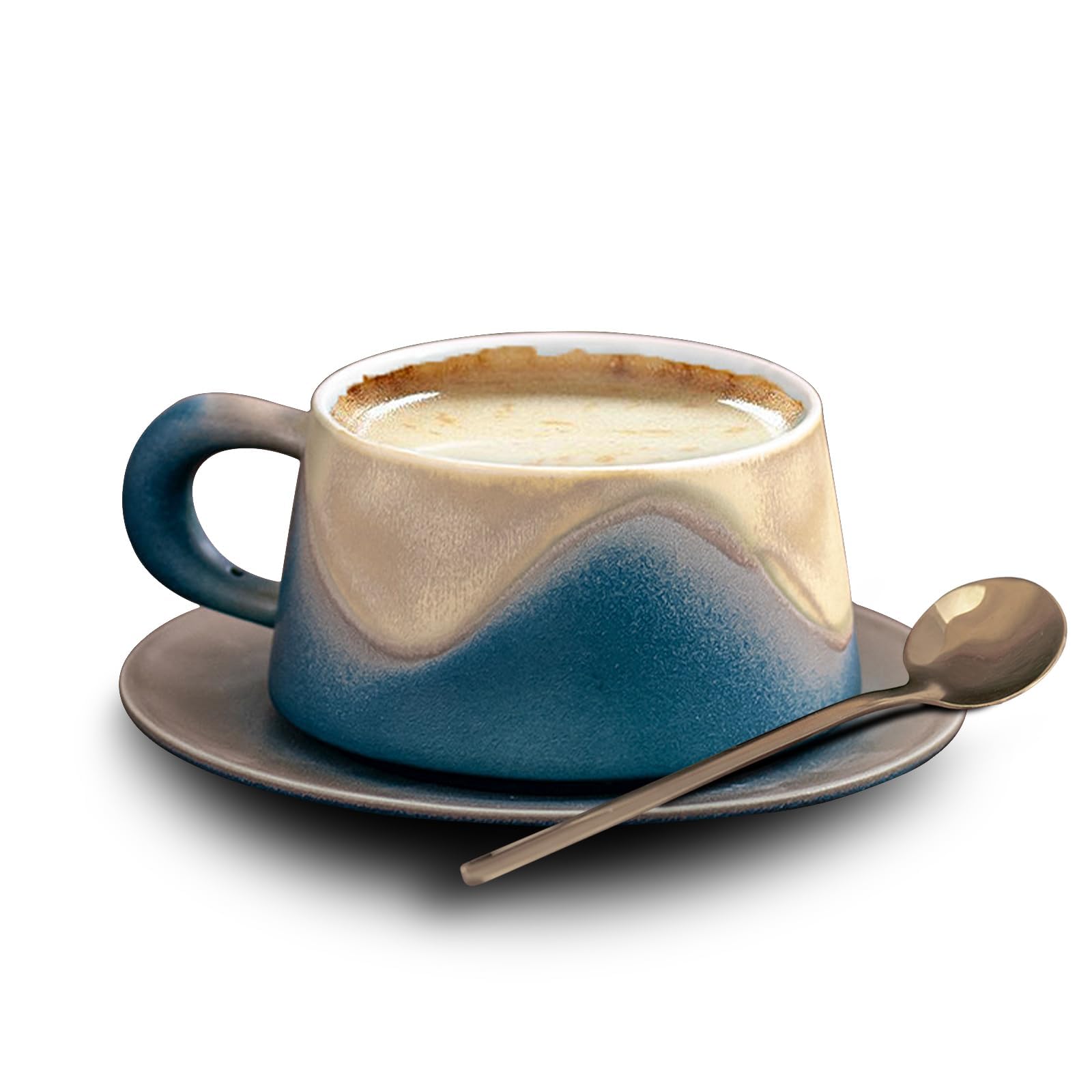 KASTWAVE Large Stoneware Coffee Mug Set, 8.5oz Ceramic Cappuccino Cup with Saucer & Spoon, Premium Glazed Porcelain for Latte, Espresso, Tea & Mocha, Dishwasher Safe Gift (Blue)