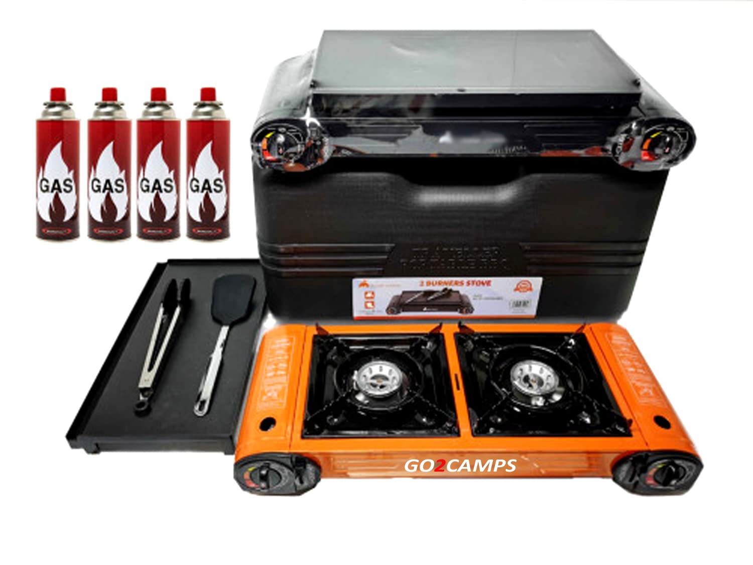 GO2CAMPS Double Burner Butane Camping Stove with BBQ Grill Caston hotplate Burger tray,BBQ tools and Set of 4 peice of Butane gas-Propane Gas Catridge