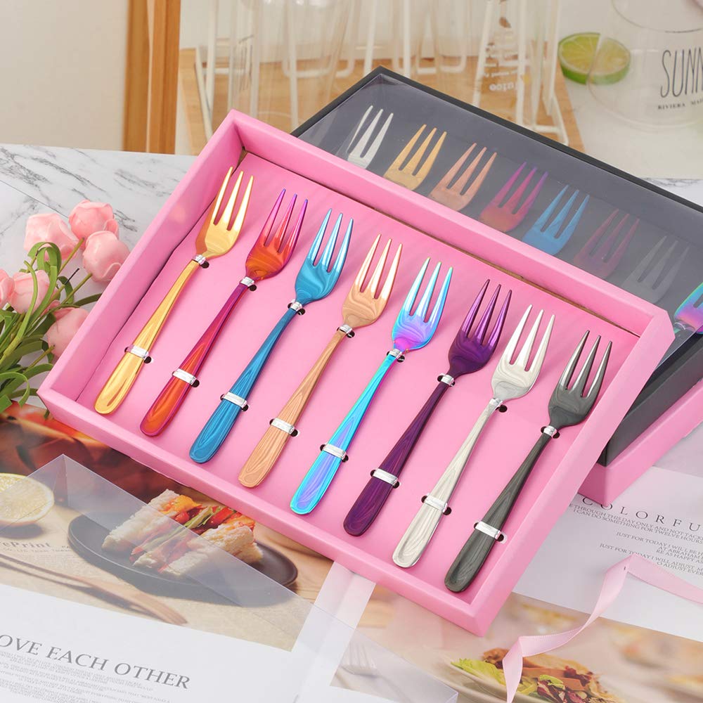 Buyer Star Appetizer Small Forks Set, 18/10 Stainless Steel Cake Fruits Forks Set of 8, 5.4 Inch Multicolor Tasting Dessert Forks with Pink Present Box