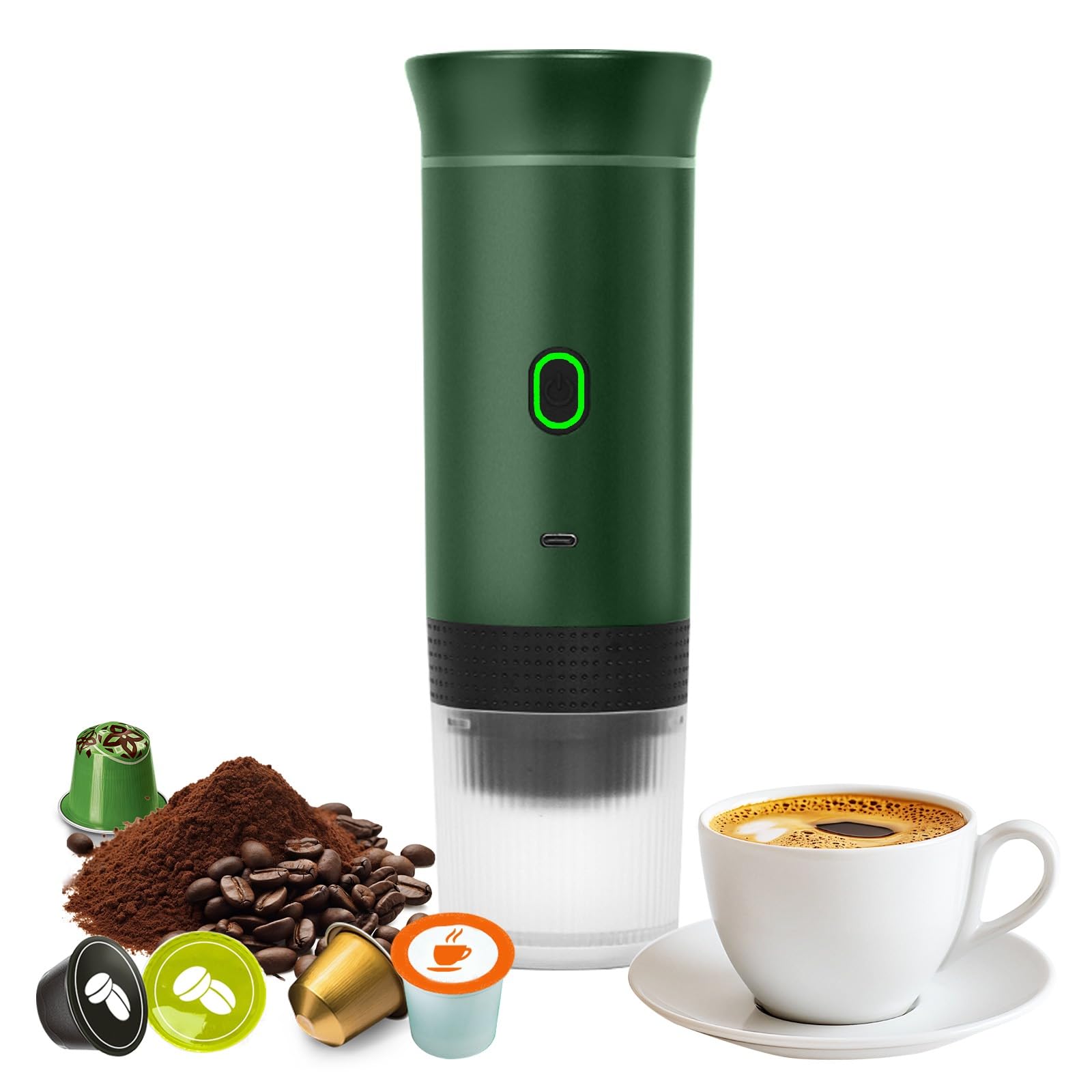 Bostar Máquina de Café Portátil, 3 en 1 Cafetera Espresso Eléctrica Portátil Calentamiento Rápido Cafetera para Camping Viaje Compatible con Cápsulas Pequeñas Grandes Café Molido (Verde)
